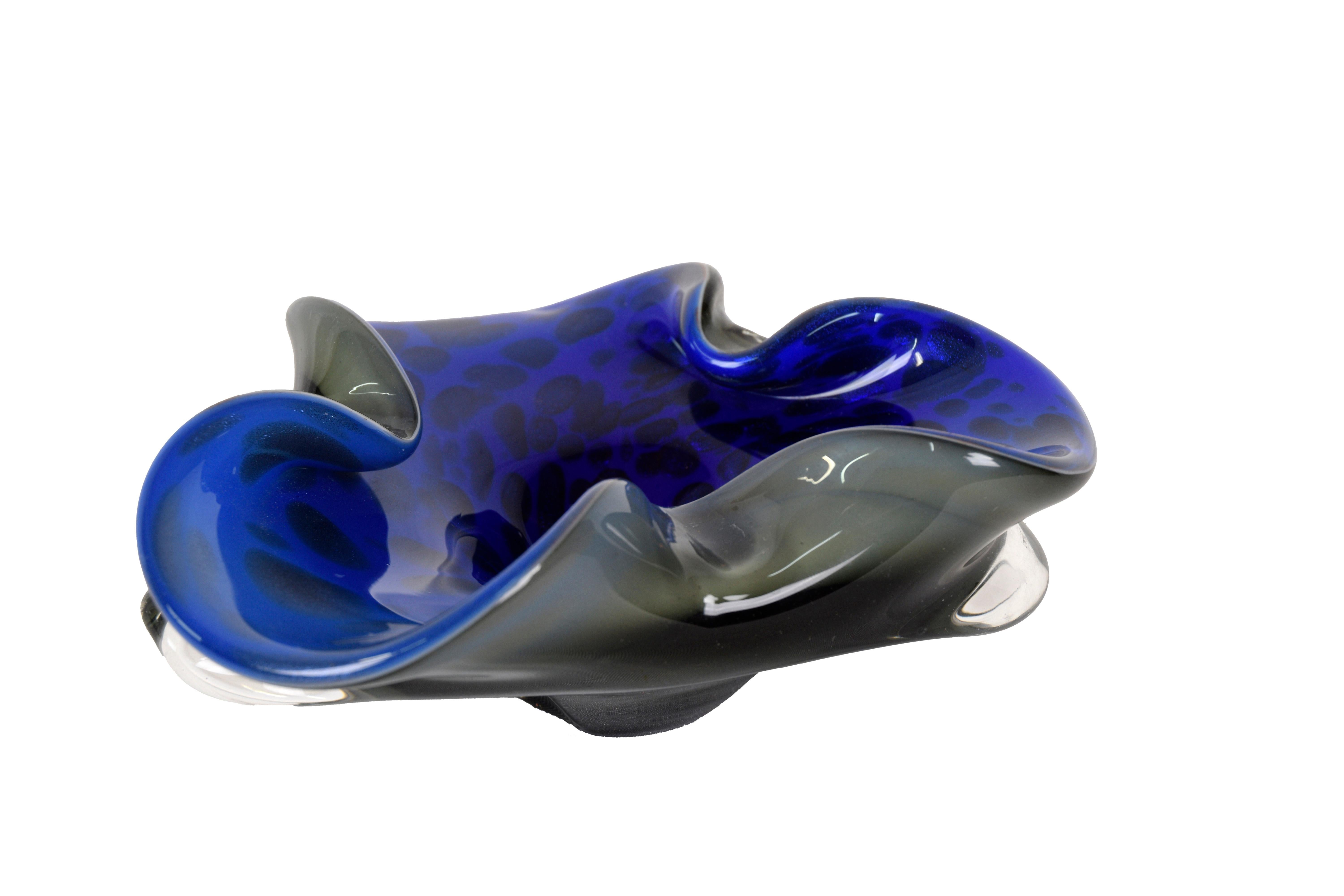 Contemporary Folded Deep Blue Murano Glass Bowl with Aventurina Detailing For Sale