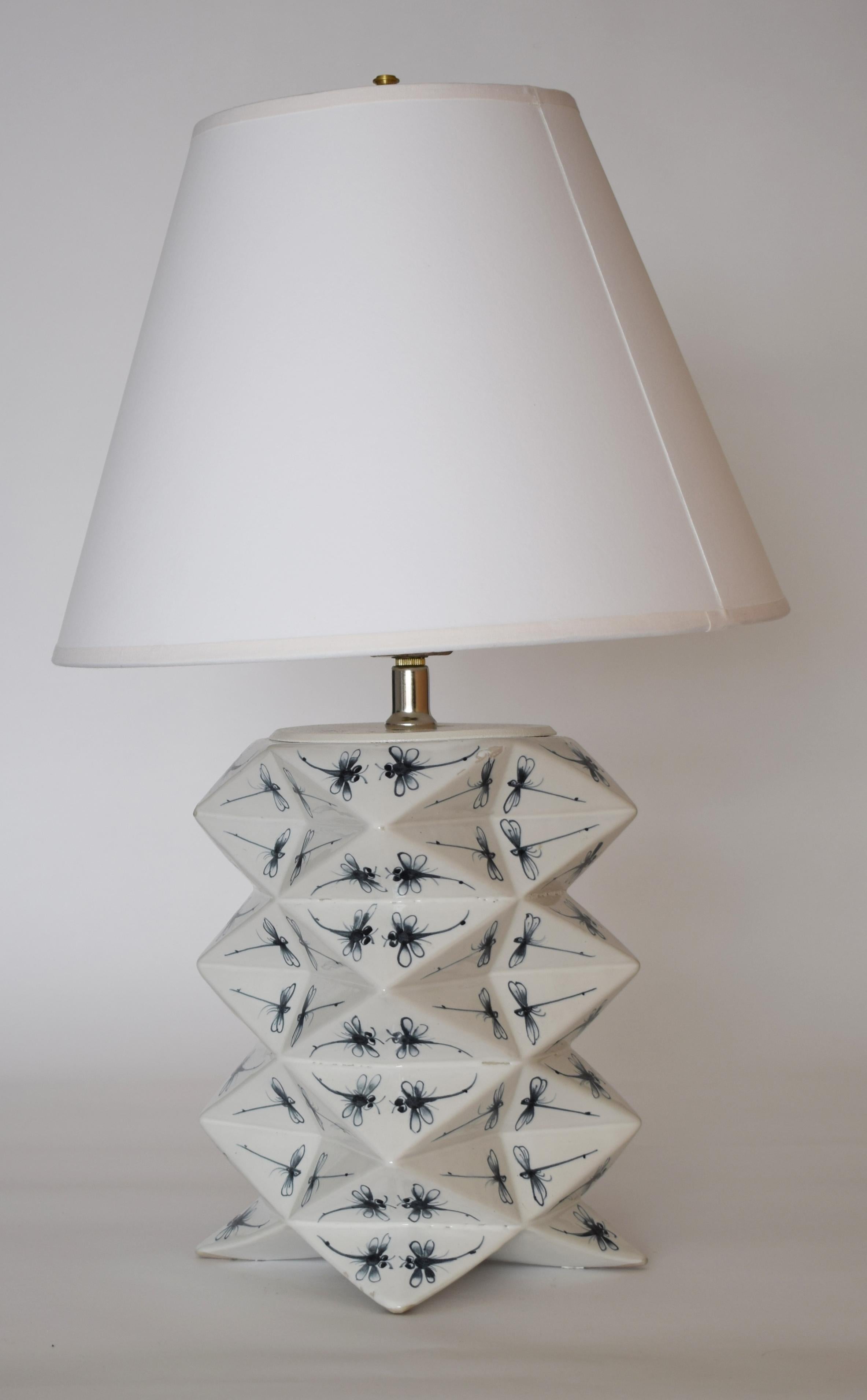 Modern Hand-painted Ceramic Vietnamese Dragonflies Origami Lamp by James Hicks For Sale