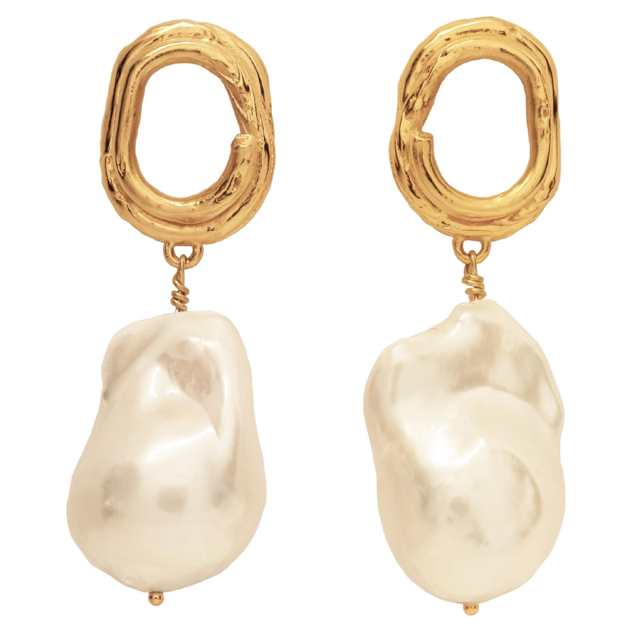 Folded Ribbon Earrings with Oversized Baroque Pearls For Sale