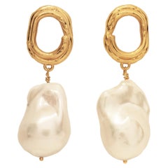 Folded Ribbon Earrings with Oversized Baroque Pearls
