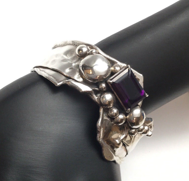 Folded Sterling Silver and Amethyst Modernist Cuff Bracelet at 1stDibs