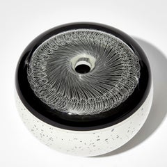 Folded Threads, abstract patterned black & white glass sculpture by Peter Bowles