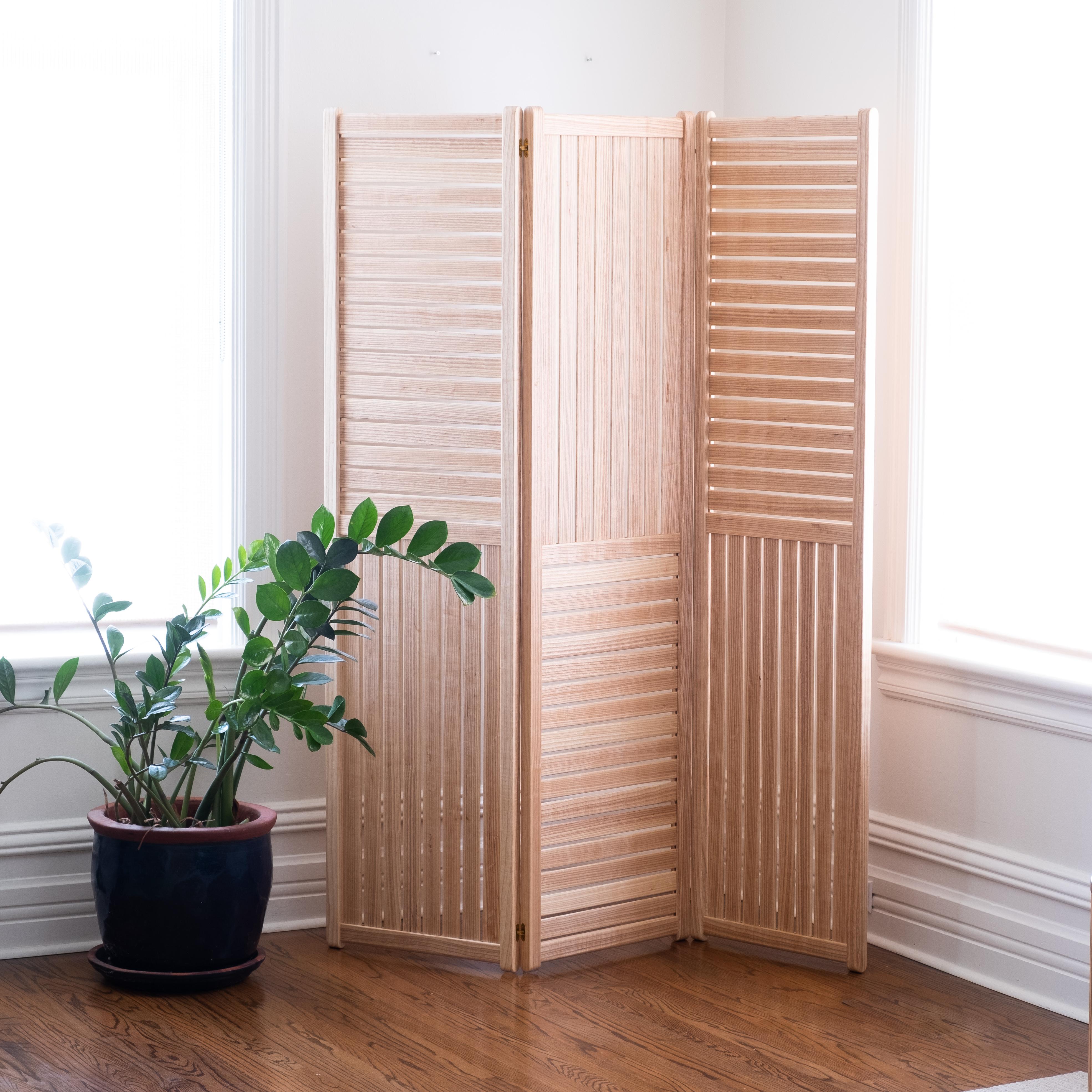Woodwork Folding 4-Panel Room Divider Screen with Ash Slats For Sale