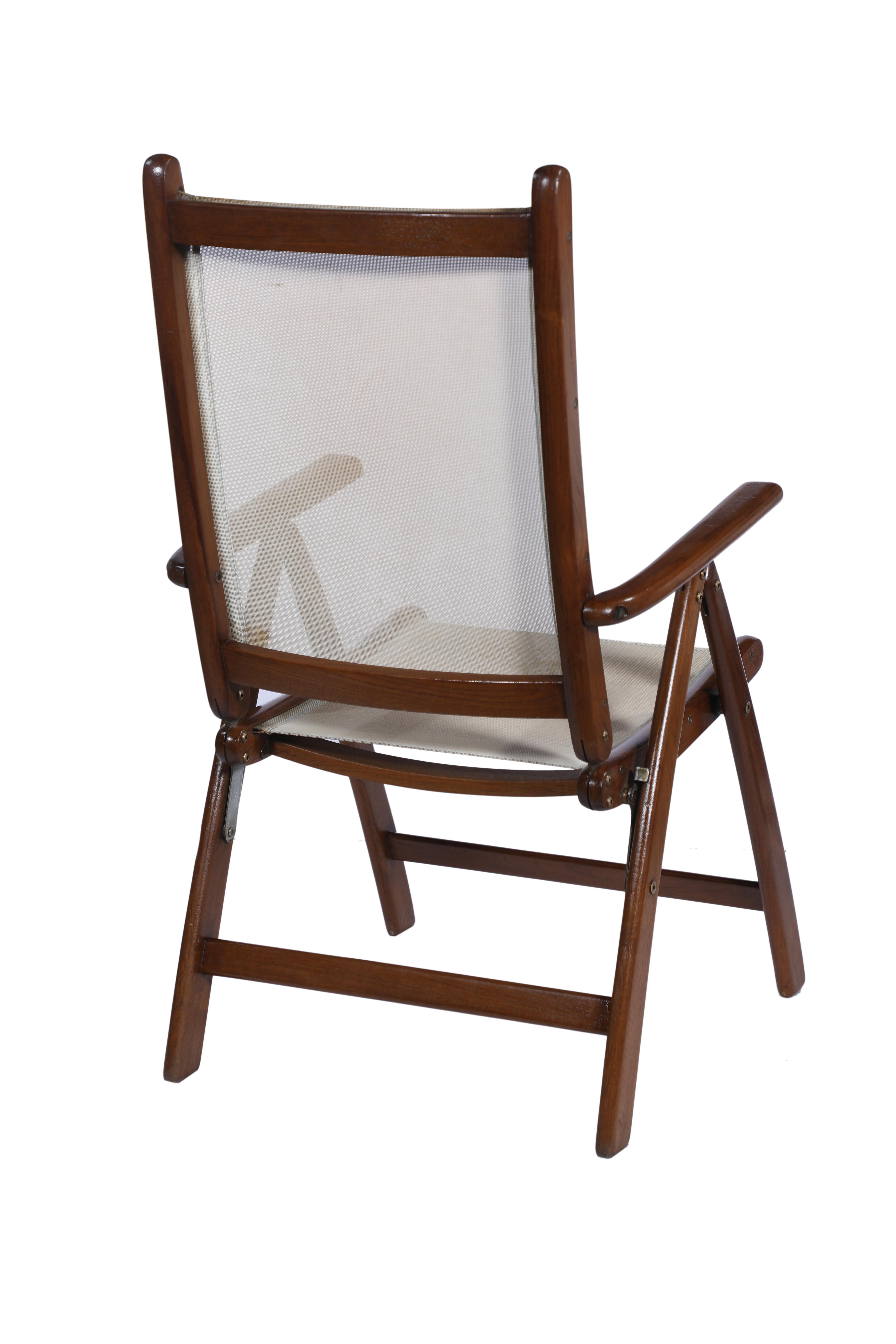 British Colonial Folding and Adjustable Teak and Mesh Seat Patio or Side Chair For Sale