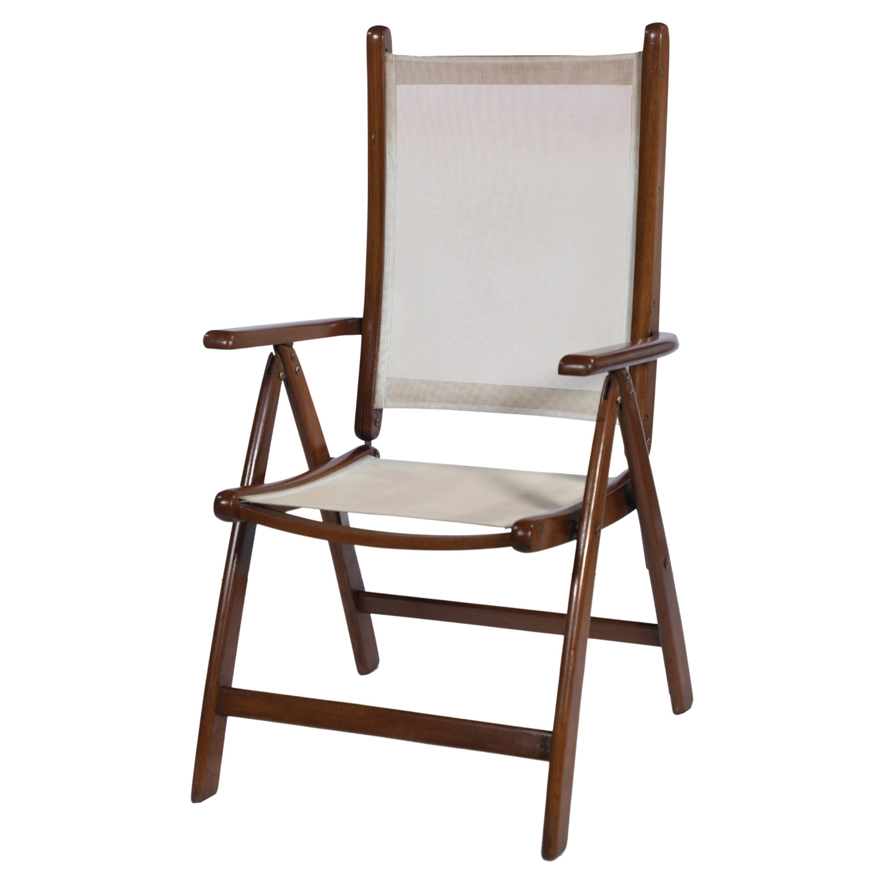 Folding and Adjustable Teak and Mesh Seat Patio or Side Chair For Sale