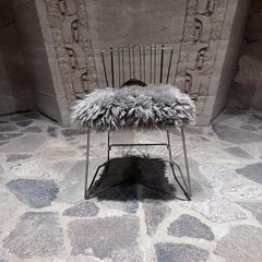 Folding Brass Side Chair Furry Gray Faux Lambskin