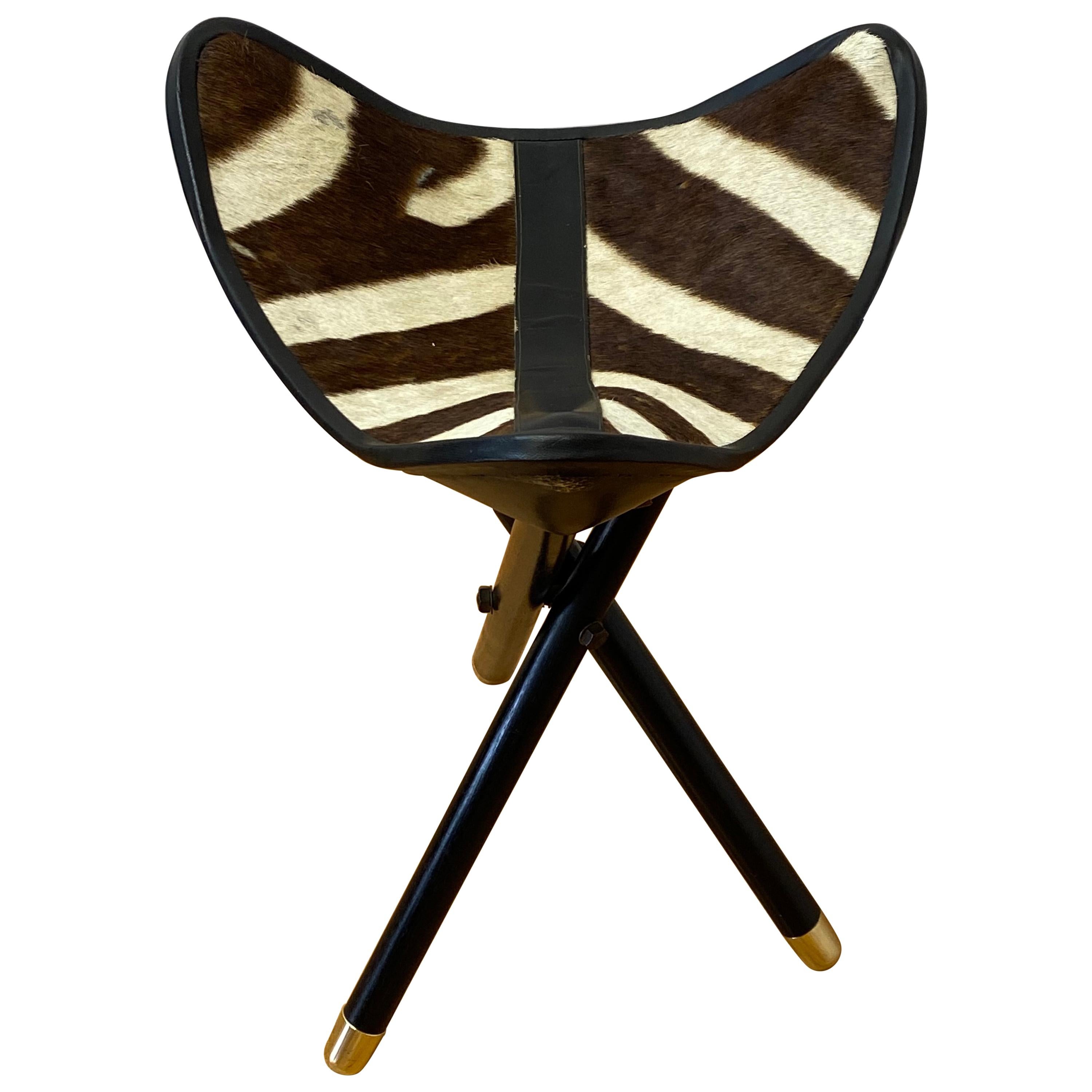 Folding Campaign Hunting Seat with Genuine Zebra Hide, C.1970