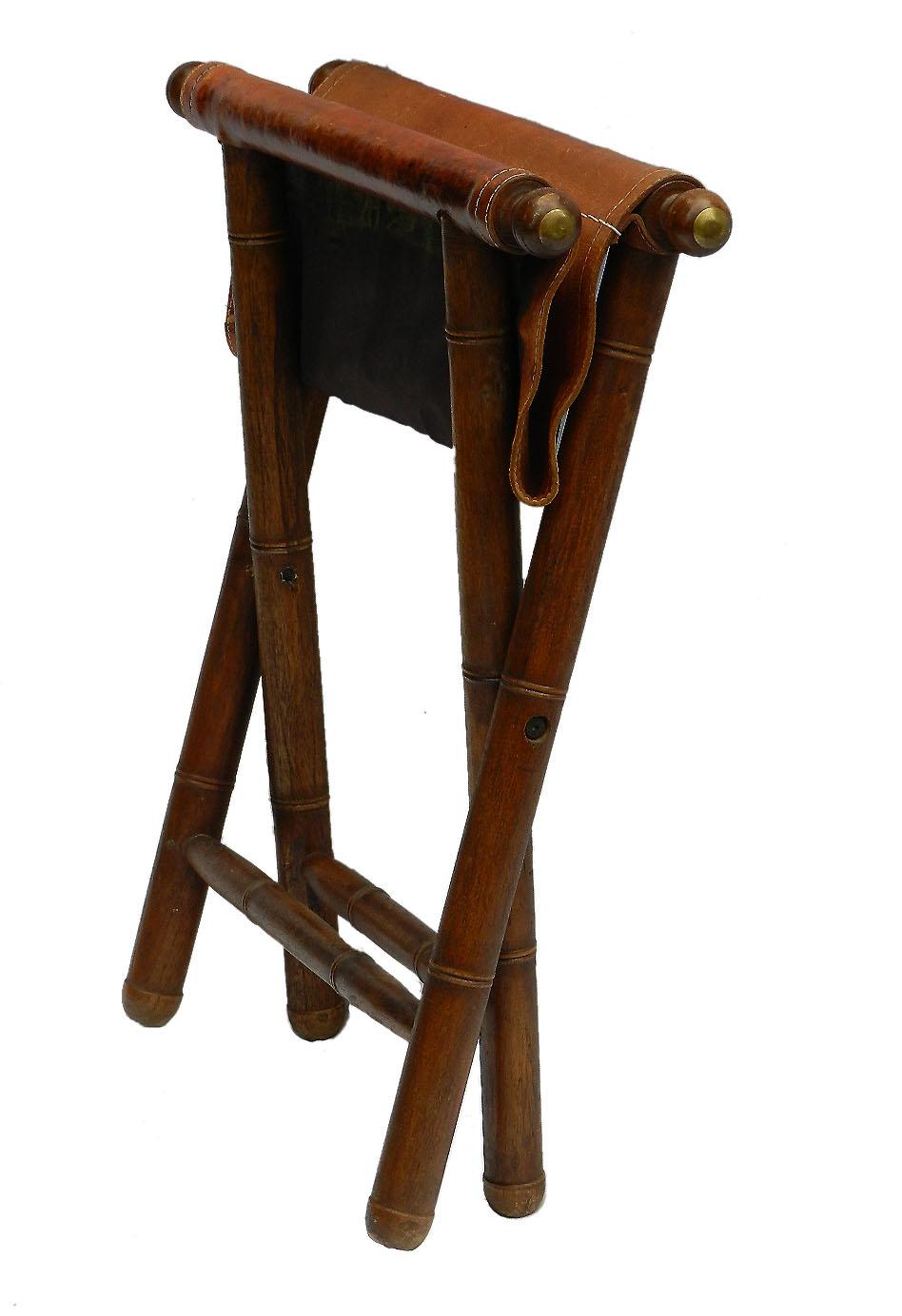 Folding campaign stool oak and leather, circa 1910-1920
Turned oak 'faux bamboo' legs with brass ends
Would make a great landscape artists painting stool
With later replacement leather
In overall good condition with only minor signs of age and