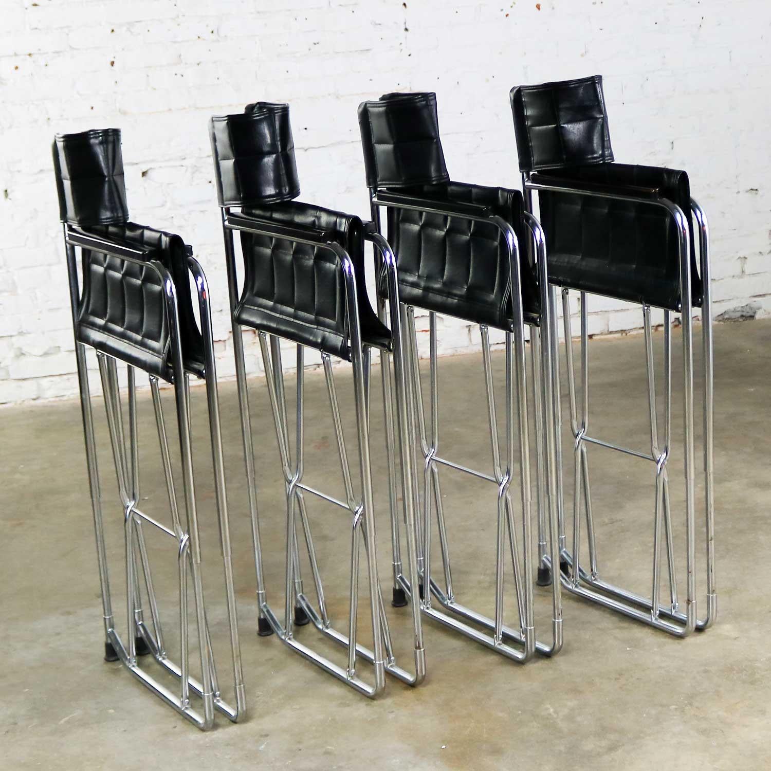 Folding Campaign Style Director’s Chairs Black Vinyl & Chrome Style Gae Aulenti 3