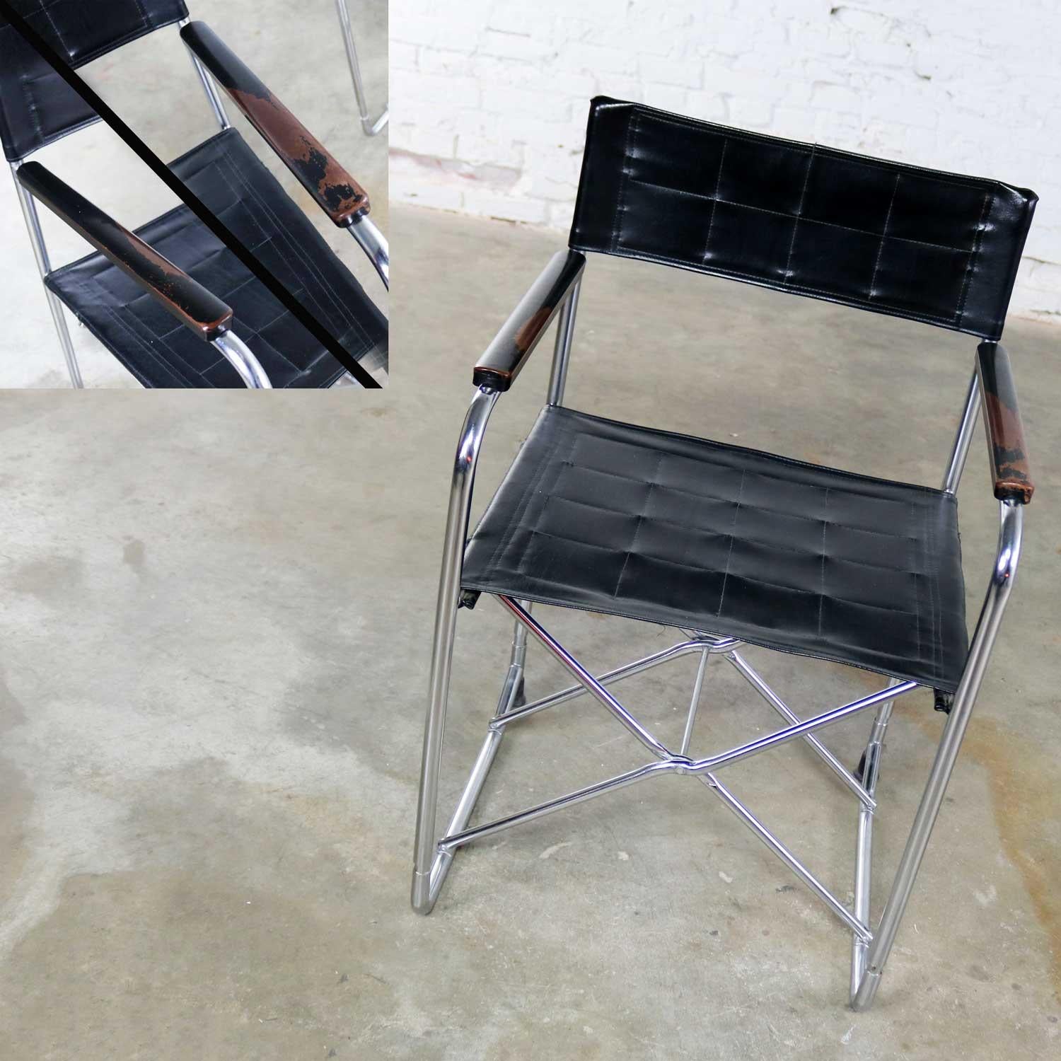 Folding Campaign Style Director’s Chairs Black Vinyl & Chrome Style Gae Aulenti 4