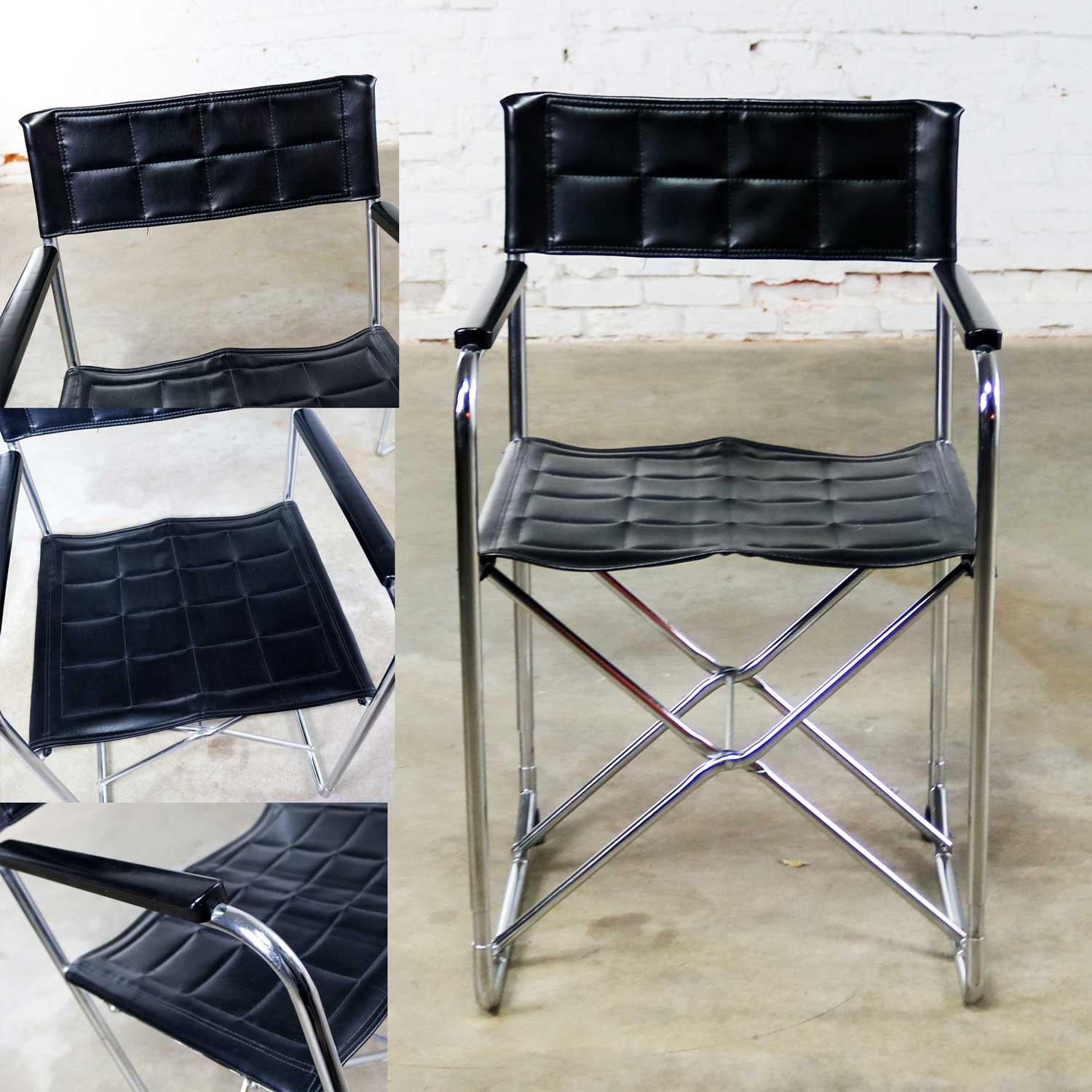 Folding Campaign Style Director’s Chairs Black Vinyl & Chrome Style Gae Aulenti 5