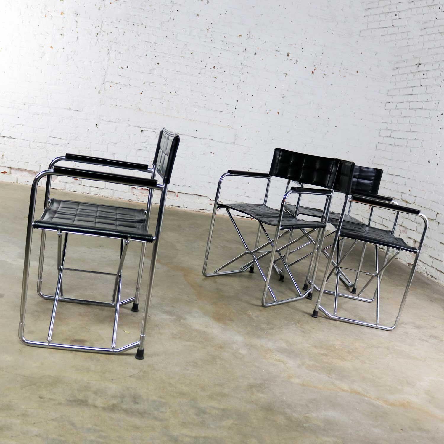 Japanese Folding Campaign Style Director’s Chairs Black Vinyl & Chrome Style Gae Aulenti