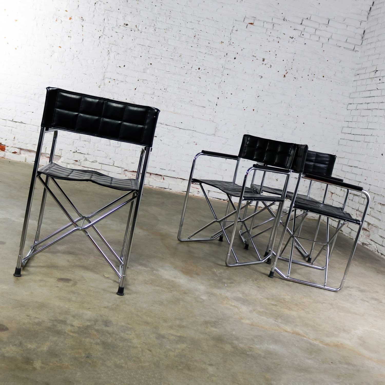 Folding Campaign Style Director’s Chairs Black Vinyl & Chrome Style Gae Aulenti In Good Condition In Topeka, KS