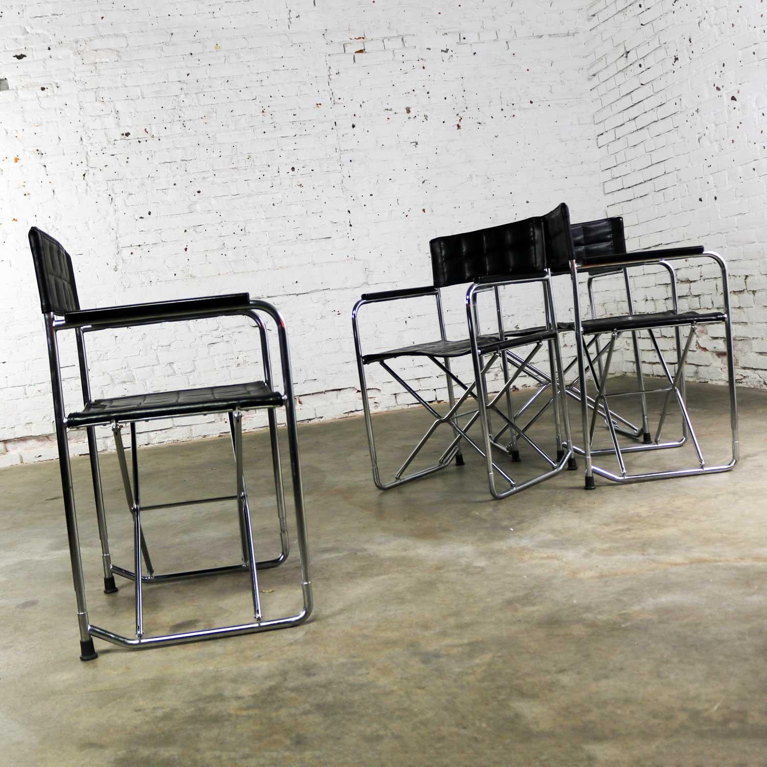 20th Century Folding Campaign Style Director’s Chairs Black Vinyl & Chrome Style Gae Aulenti