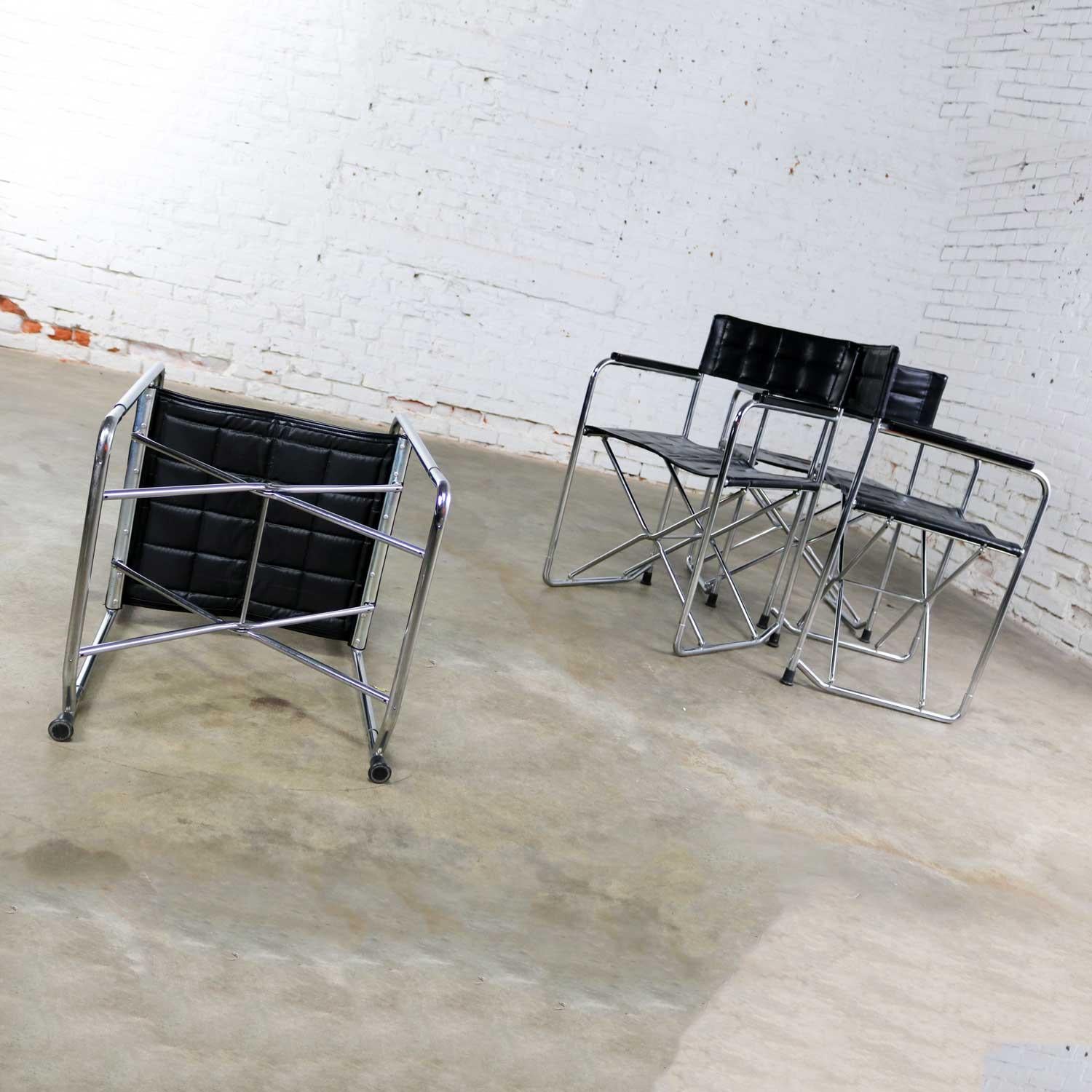Folding Campaign Style Director’s Chairs Black Vinyl & Chrome Style Gae Aulenti 1