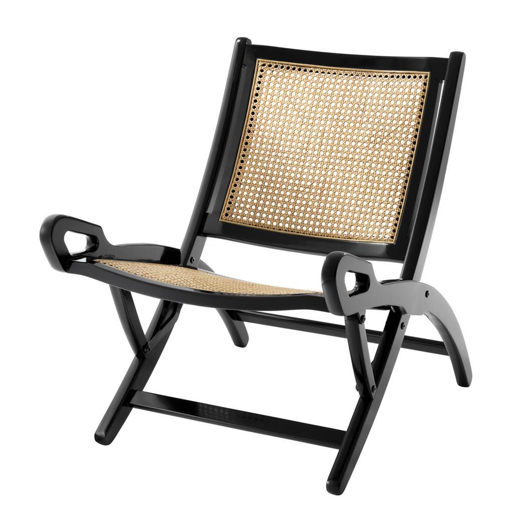 Folding Cane Rattan and Blackened Mahogany Folding Lounge Chair
