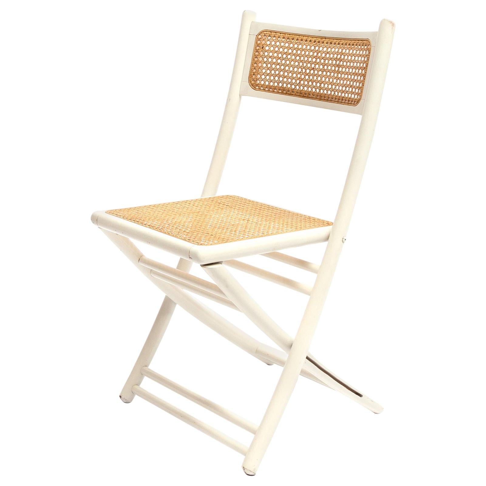 Folding Chair in White Lacquered Wood with Webbing Seat and Backrest 1960s-1970s