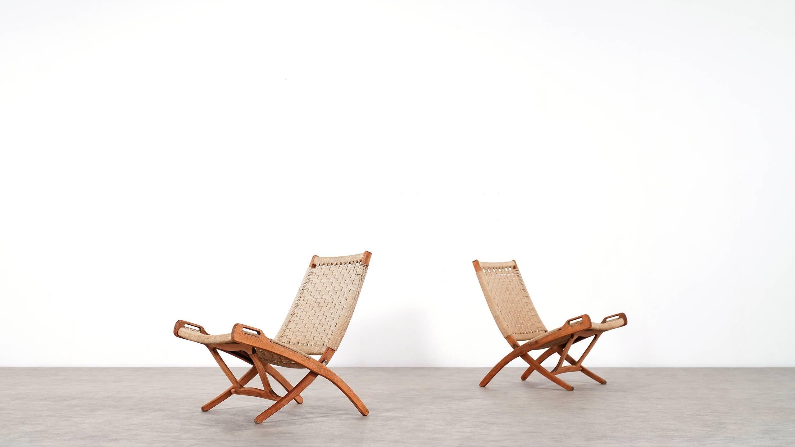 Folding Chair, Hans J. Wegner Style, Wood and Rope Covering, circa 1960 In Good Condition In Munster, NRW