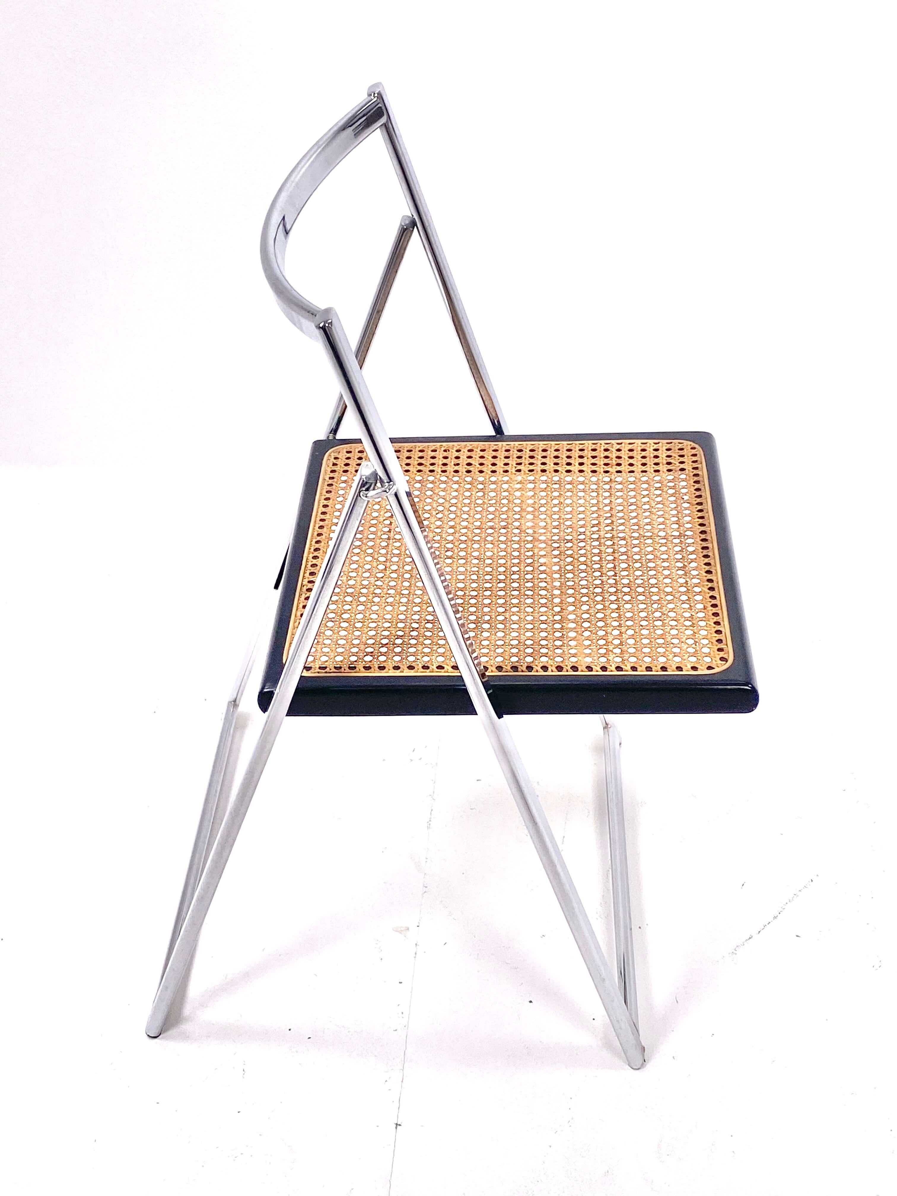 Folding Chairs in Chrome and Cane, with Black Lacquered Frame, Italy, circa 1970 4