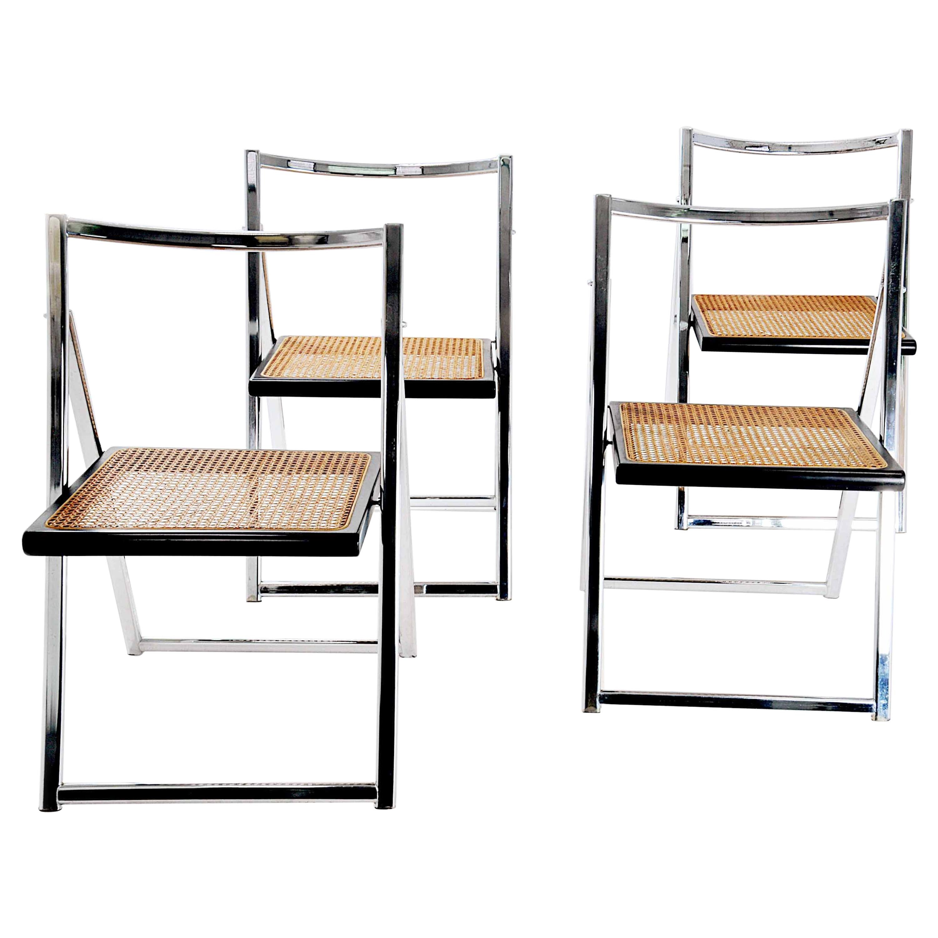 Folding Chairs in Chrome and Cane, with Black Lacquered Frame, Italy, circa 1970