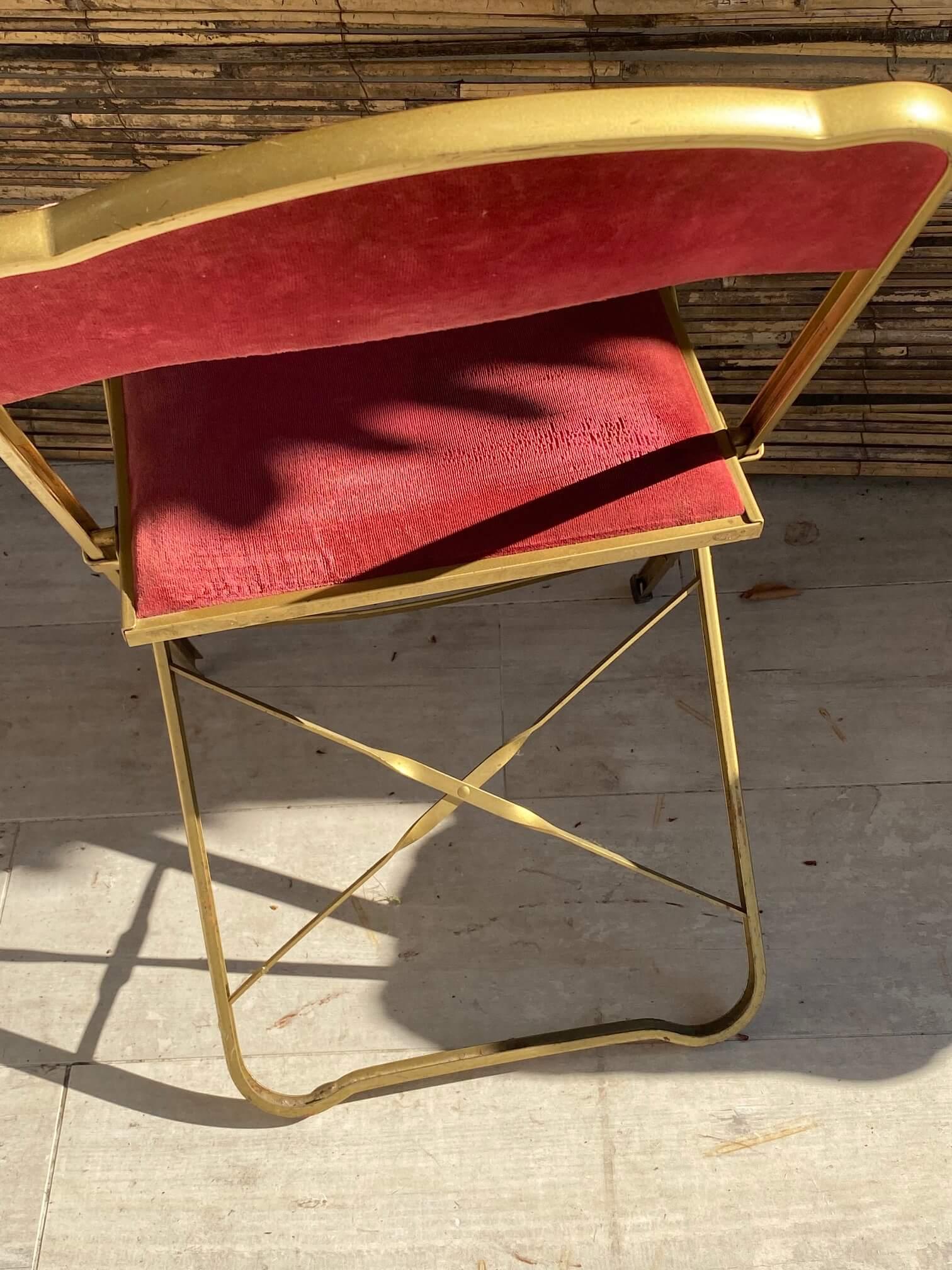 Folding Chairs in Guilt Metal, and Red Fabric, France, 1970 5