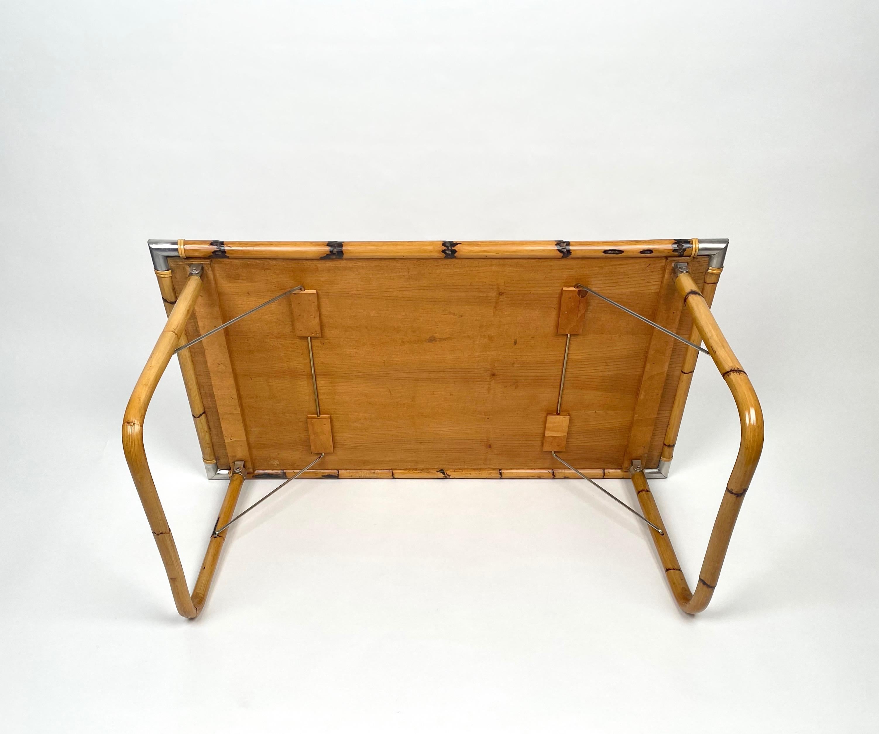 Folding Coffee Table in Bamboo, Rattan, Wicker and Steel Corner, Italy, 1970s For Sale 8