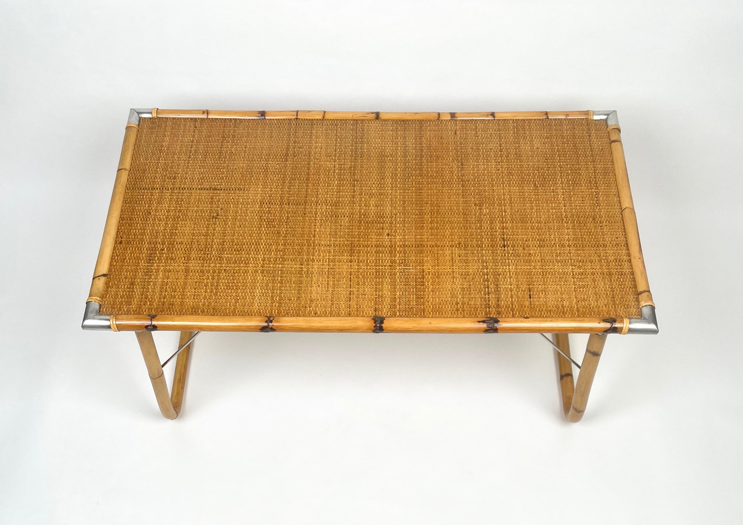 Mid-Century Modern Folding Coffee Table in Bamboo, Rattan, Wicker and Steel Corner, Italy, 1970s For Sale