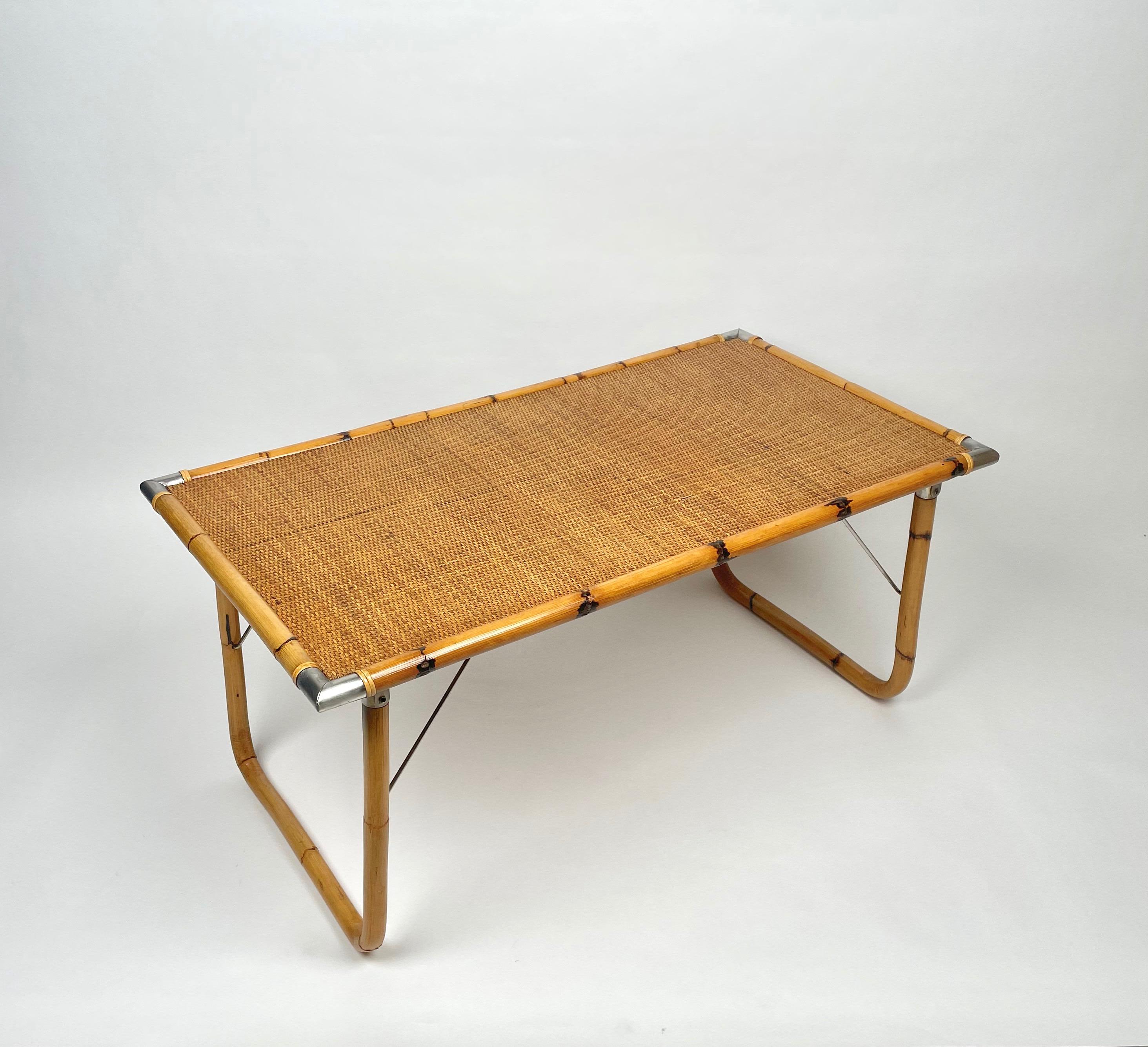 Late 20th Century Folding Coffee Table in Bamboo, Rattan, Wicker and Steel Corner, Italy, 1970s For Sale