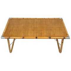 Folding Coffee Table in Bamboo, Rattan, Wicker and Steel Corner, Italy, 1970s