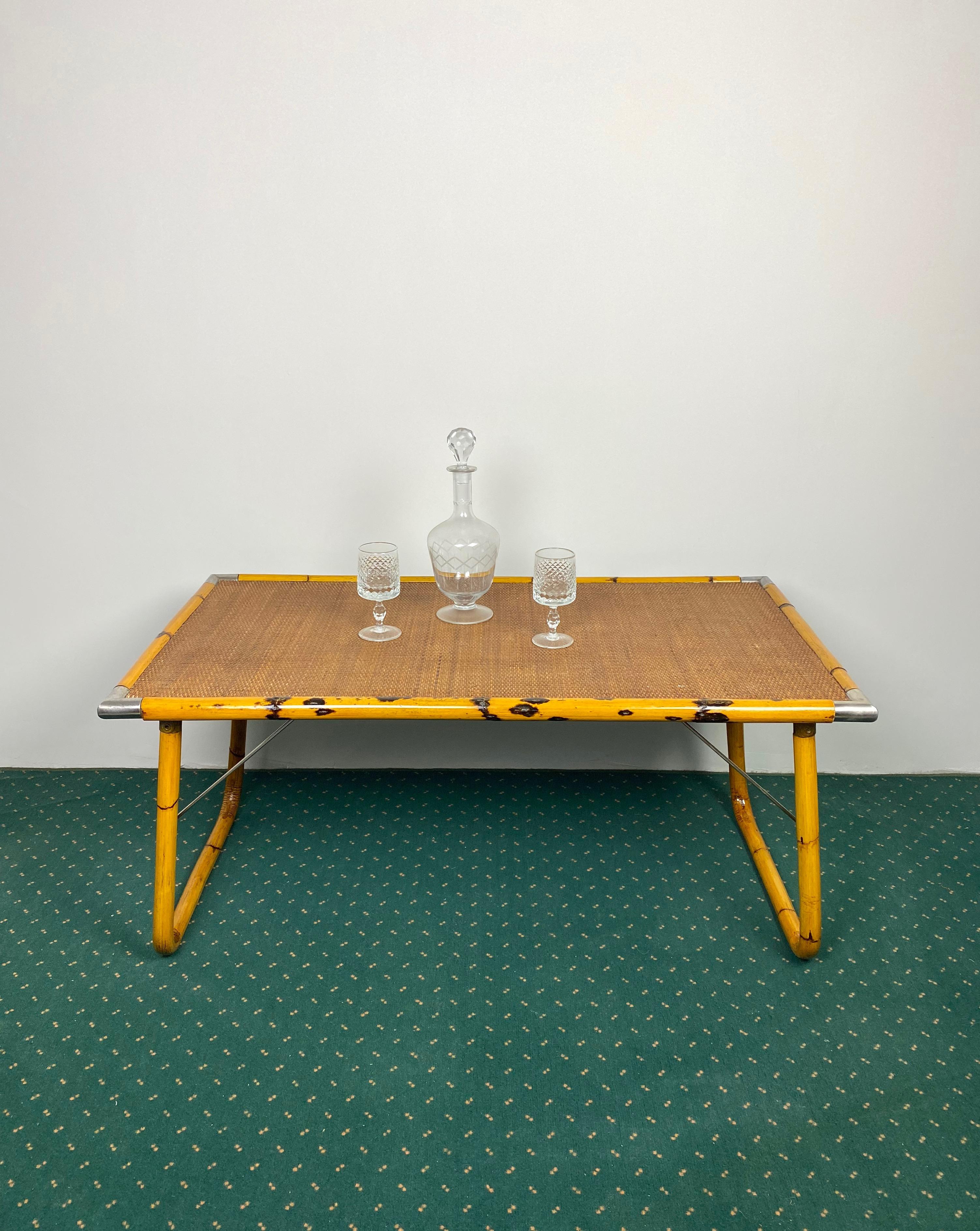 Mid-Century Modern Folding Coffee Table in Bamboo Wicker and Steel Corner, Italy, 1970s