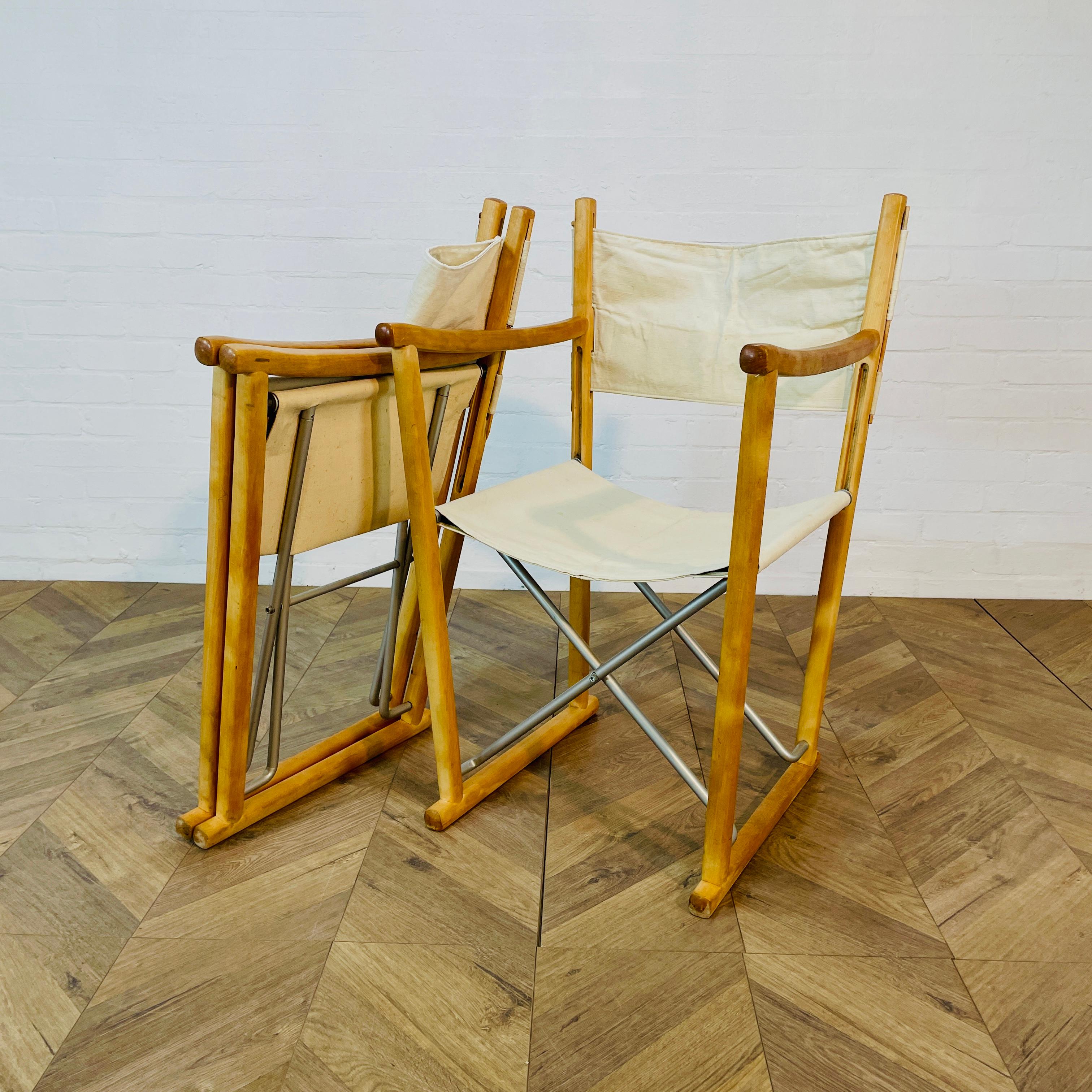 A Set of 4, Late 20th Century Folding Chairs Designed by Peter Karpf for Skagerak / Trip Trap, Denmark.

The chairs are made oak and beige canvas and in good vintage condition.

One of the chairs does show slightly more wear to frame and seat than