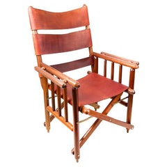 Used Folding leather and wood armchair made in Costa Rica, 1970's