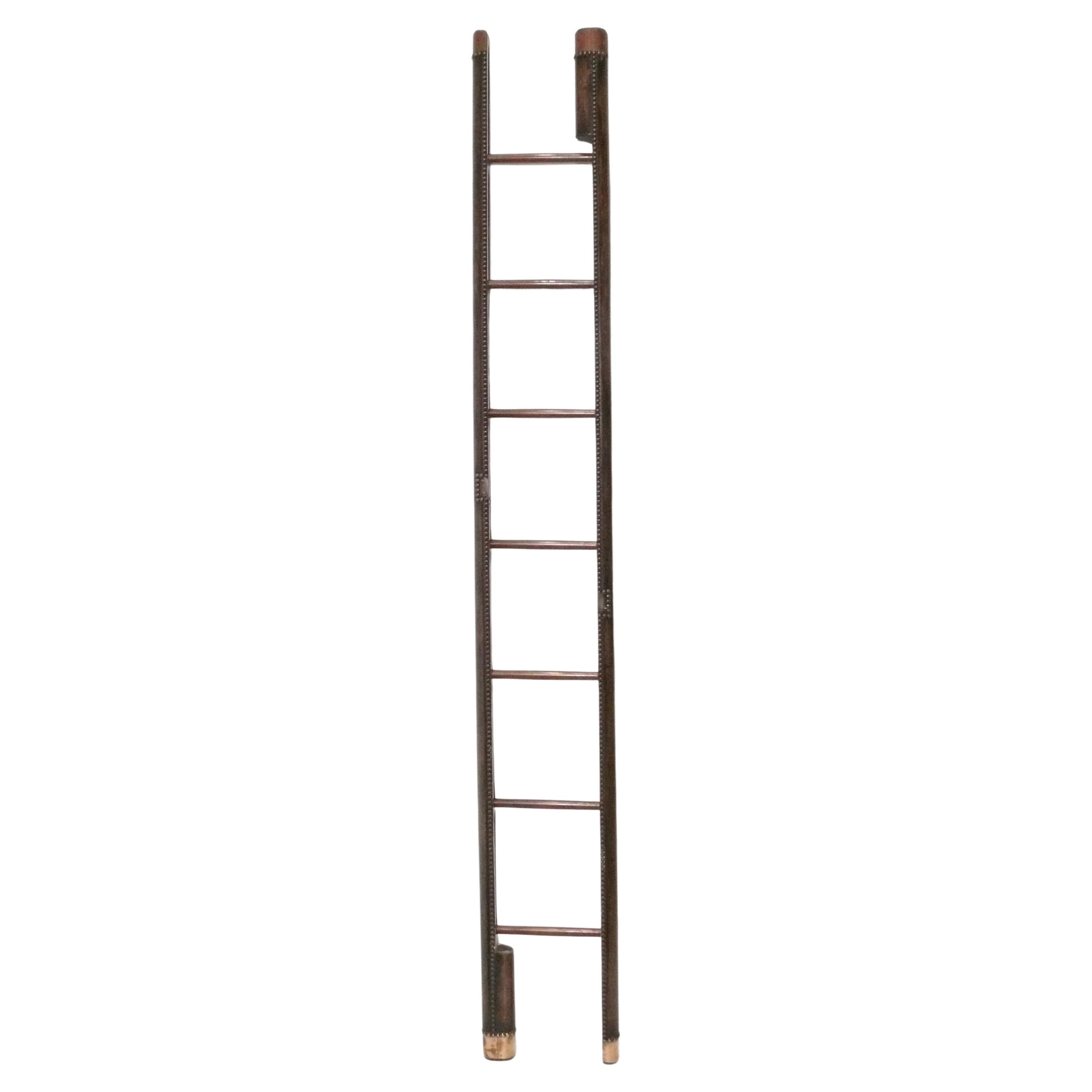 Folding Leather Library Ladder Brass Nailheads 19th Century Still Sturdy 7.5
