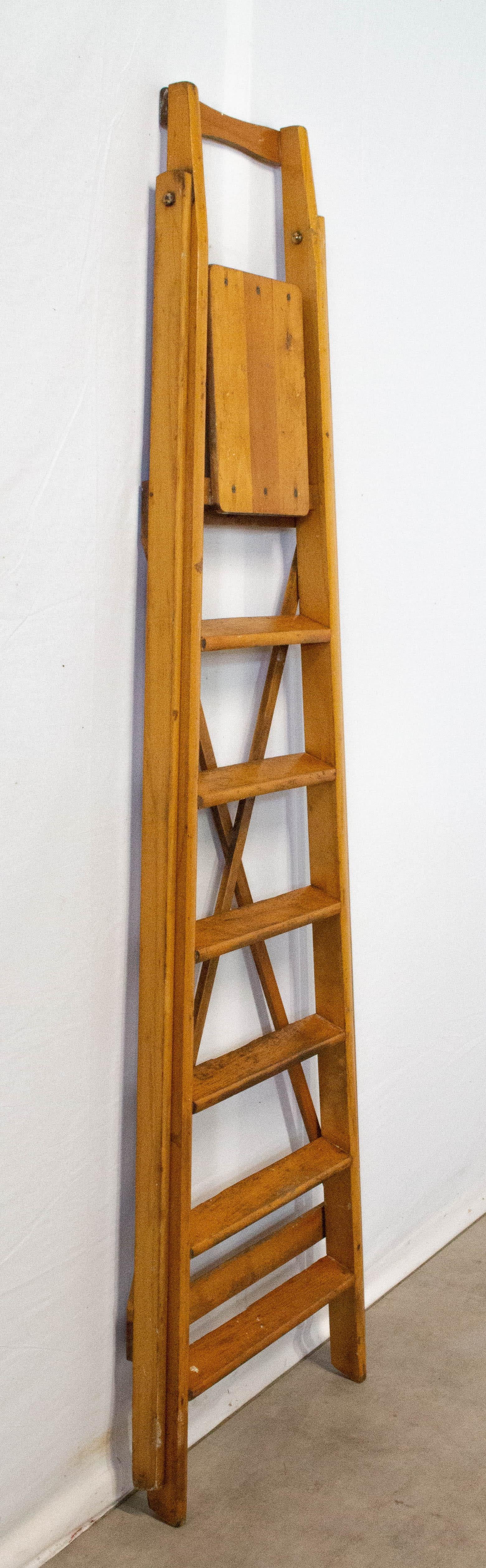 French Folding Library Steps or Workshop Ladder Beech, 1950