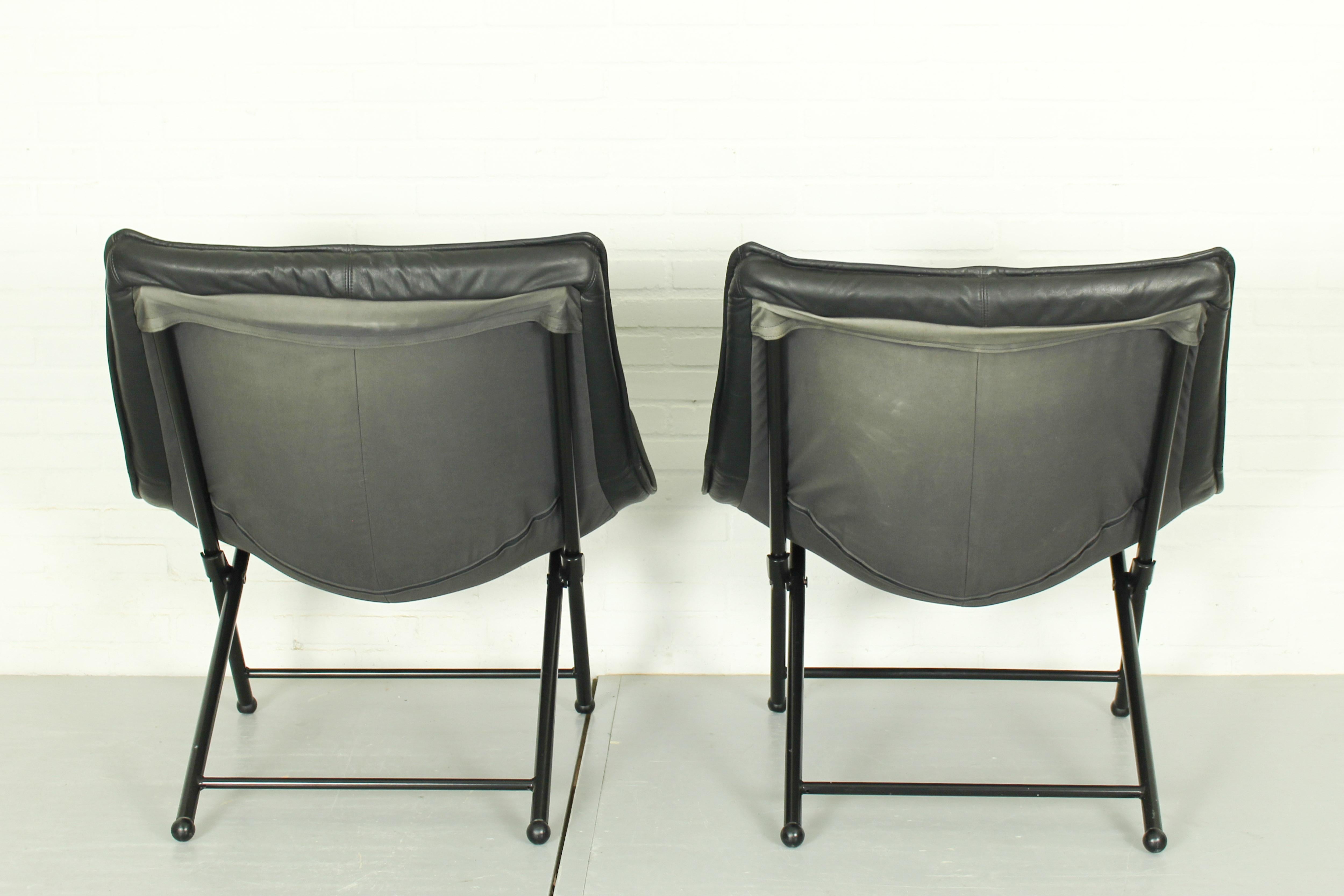 Folding Lounge Chairs in Black Leather by Teun Van Zanten for Molinari, 1970s For Sale 2