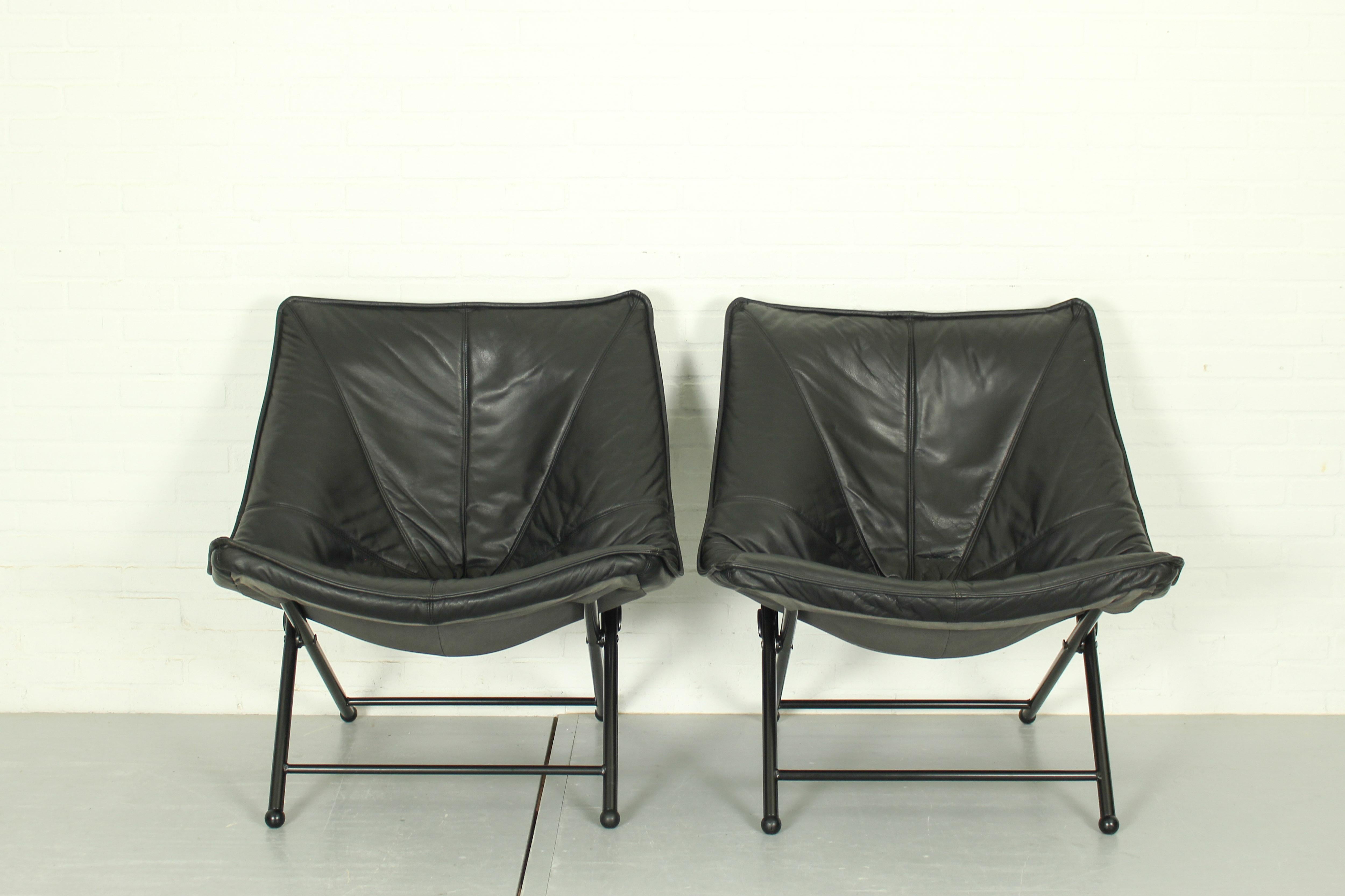 20th Century Folding Lounge Chairs in Black Leather by Teun Van Zanten for Molinari, 1970s For Sale