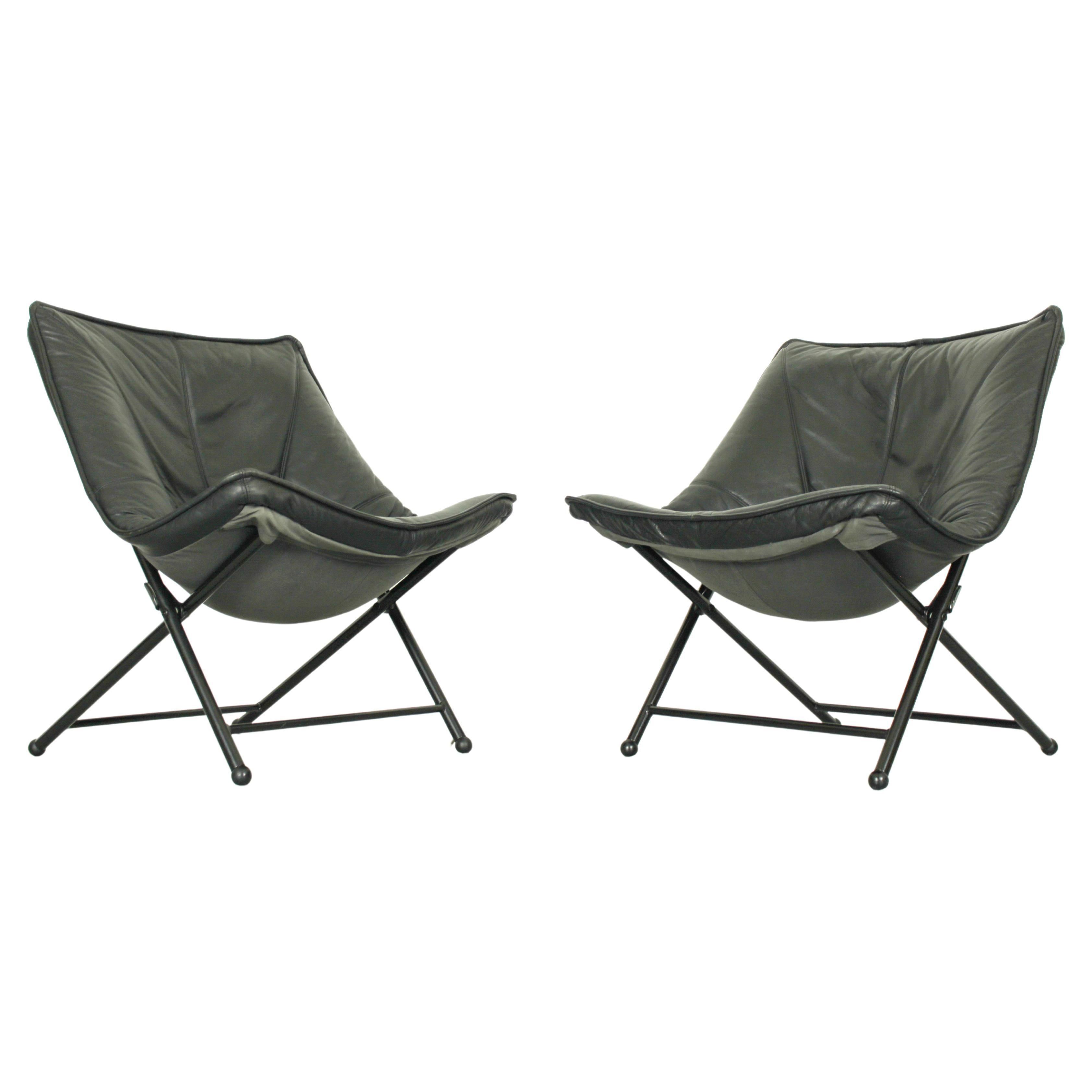 Folding Lounge Chairs in Black Leather by Teun Van Zanten for Molinari, 1970s For Sale