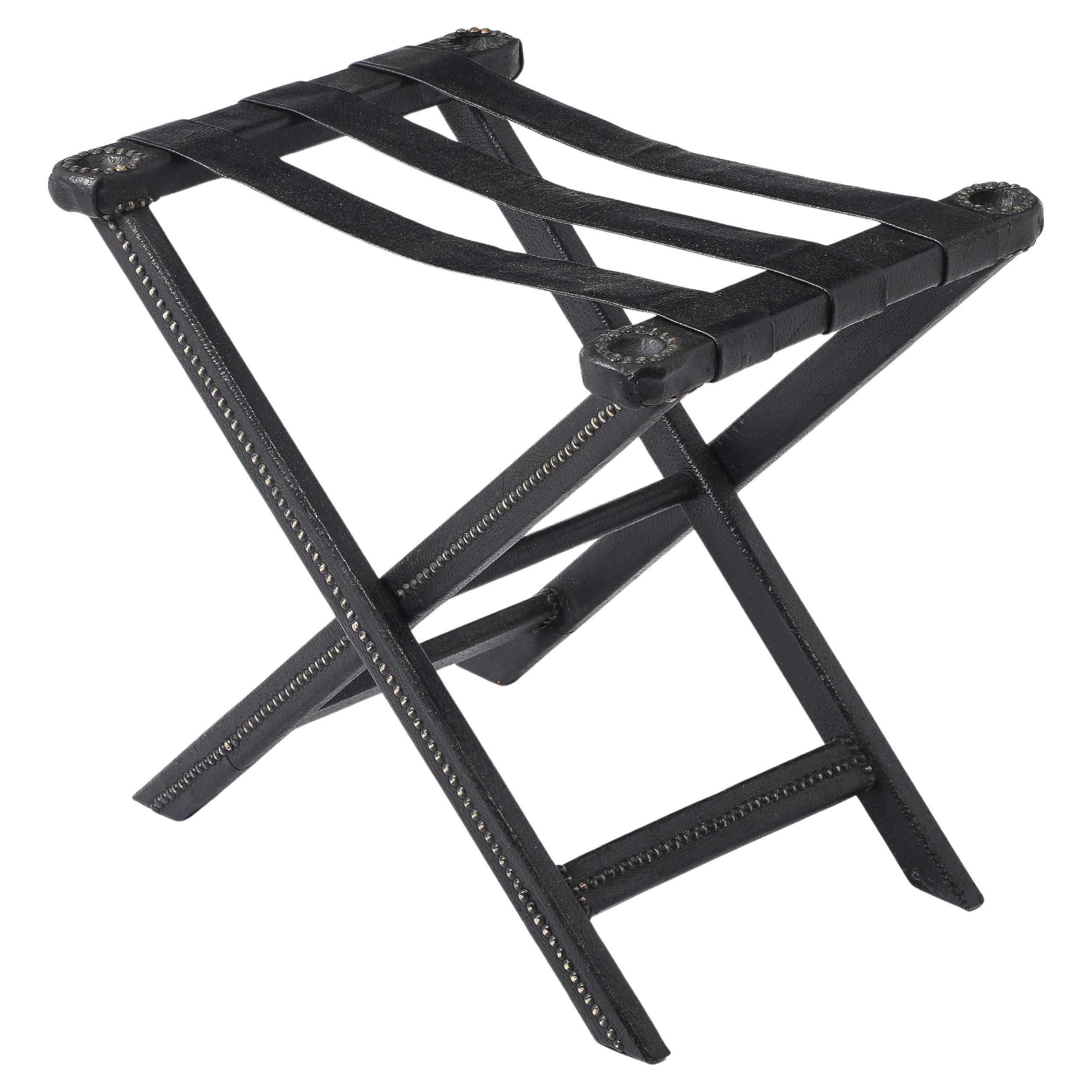 Folding Luggage Rack Or Table In Black Leather, Spain 1950's