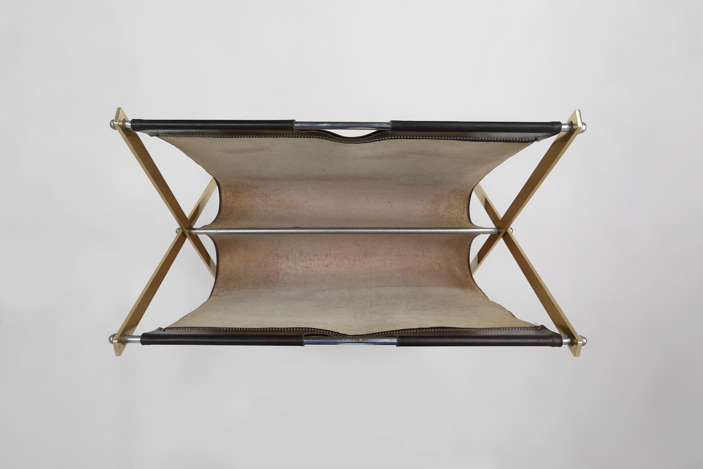 Folding magazine rack by Jacques Adnet in metal and Leather, France 1950s For Sale 4