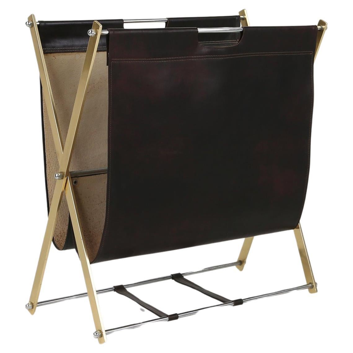 Folding magazine rack by Jacques Adnet in metal and Leather, France 1950s For Sale
