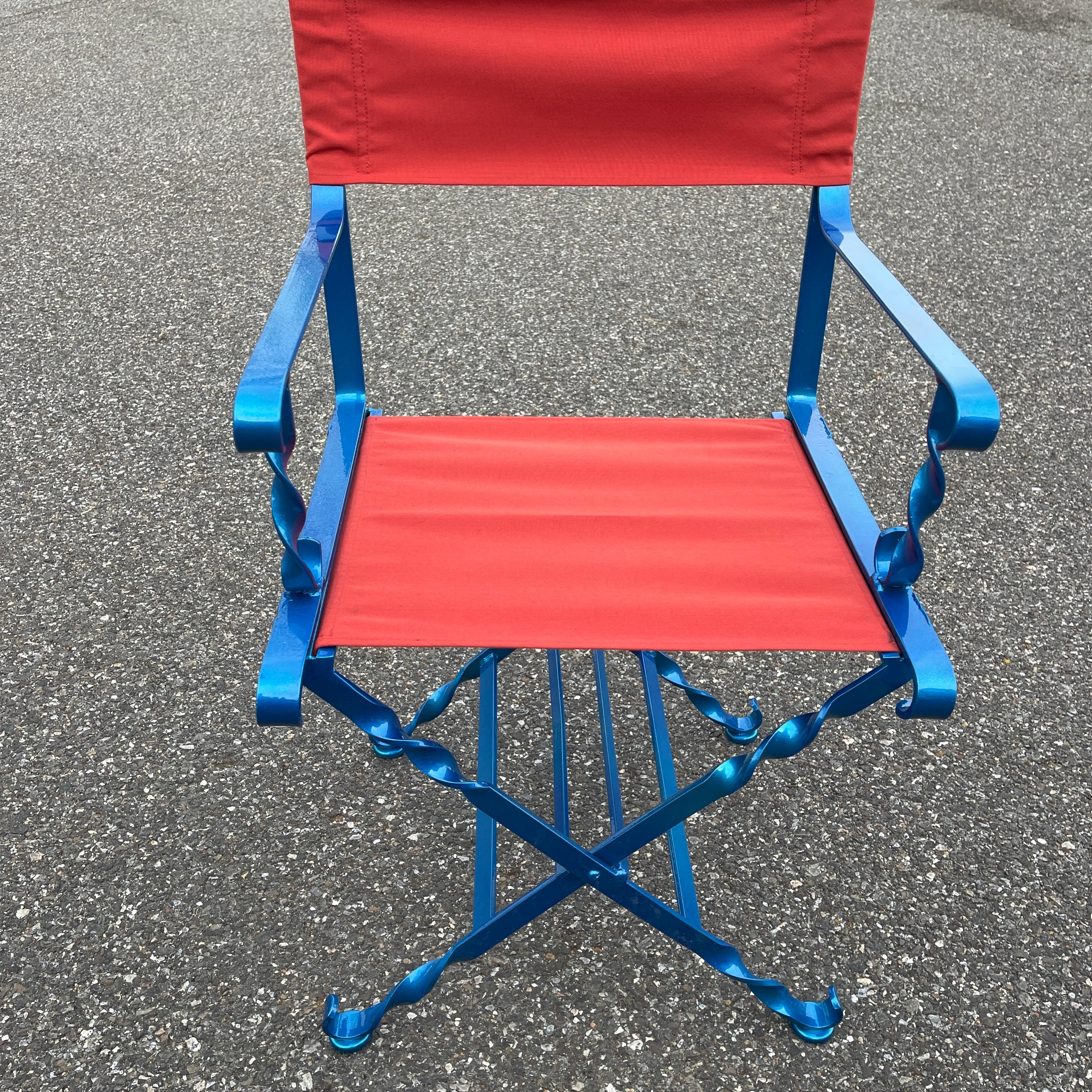 Folding Maui Blue and Red Iron Outdoor Director's Chair, American 1930's For Sale 2