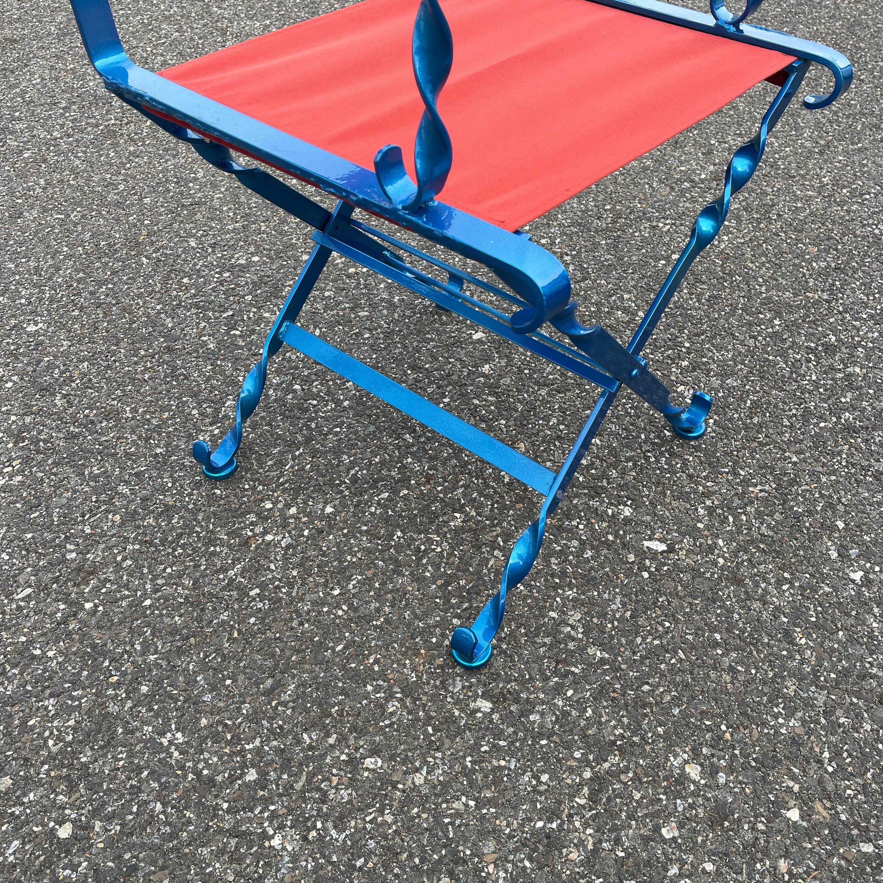 Folding Maui Blue and Red Iron Outdoor Director's Chair, American 1930's For Sale 3