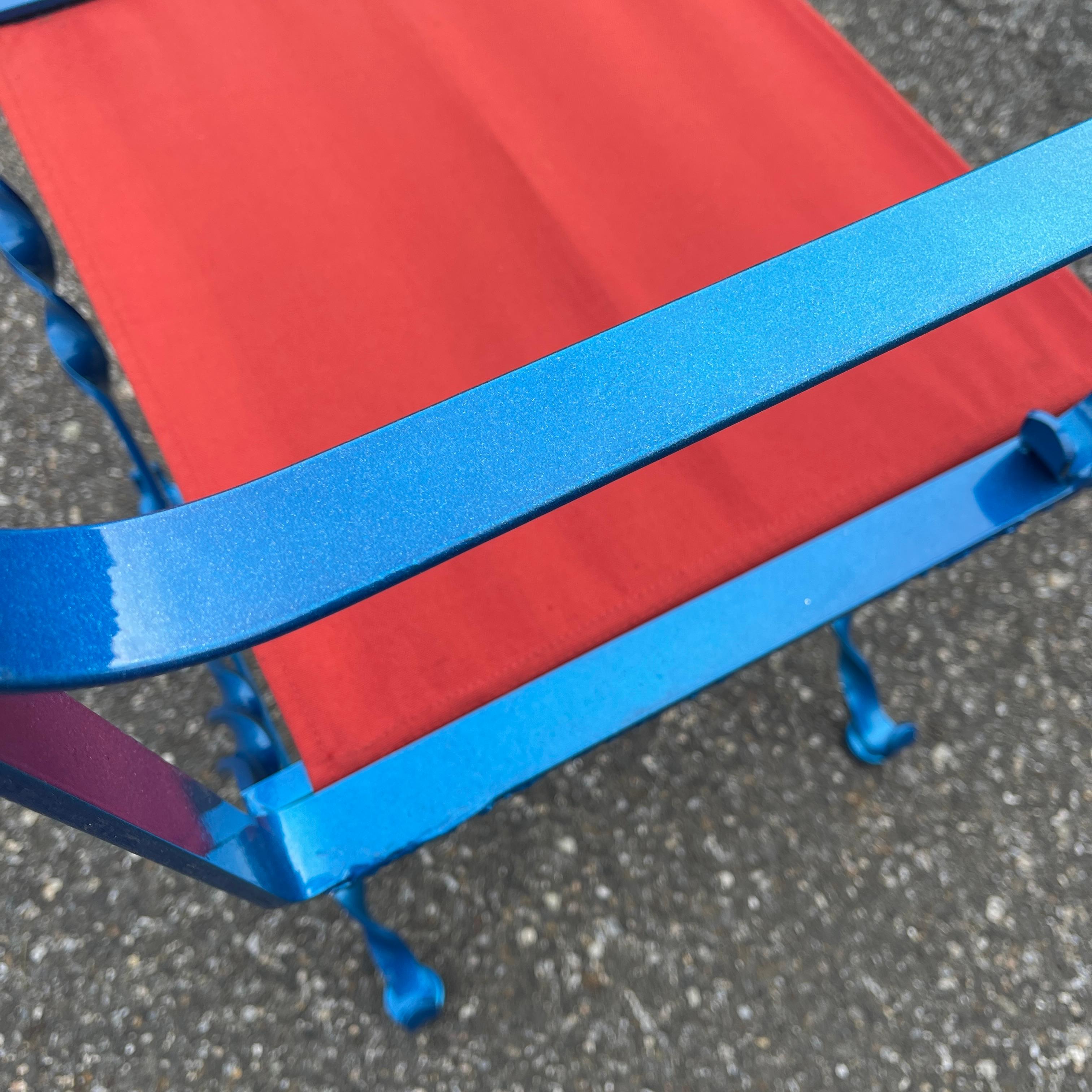 Folding Maui Blue and Red Iron Outdoor Director's Chair, American 1930's For Sale 5