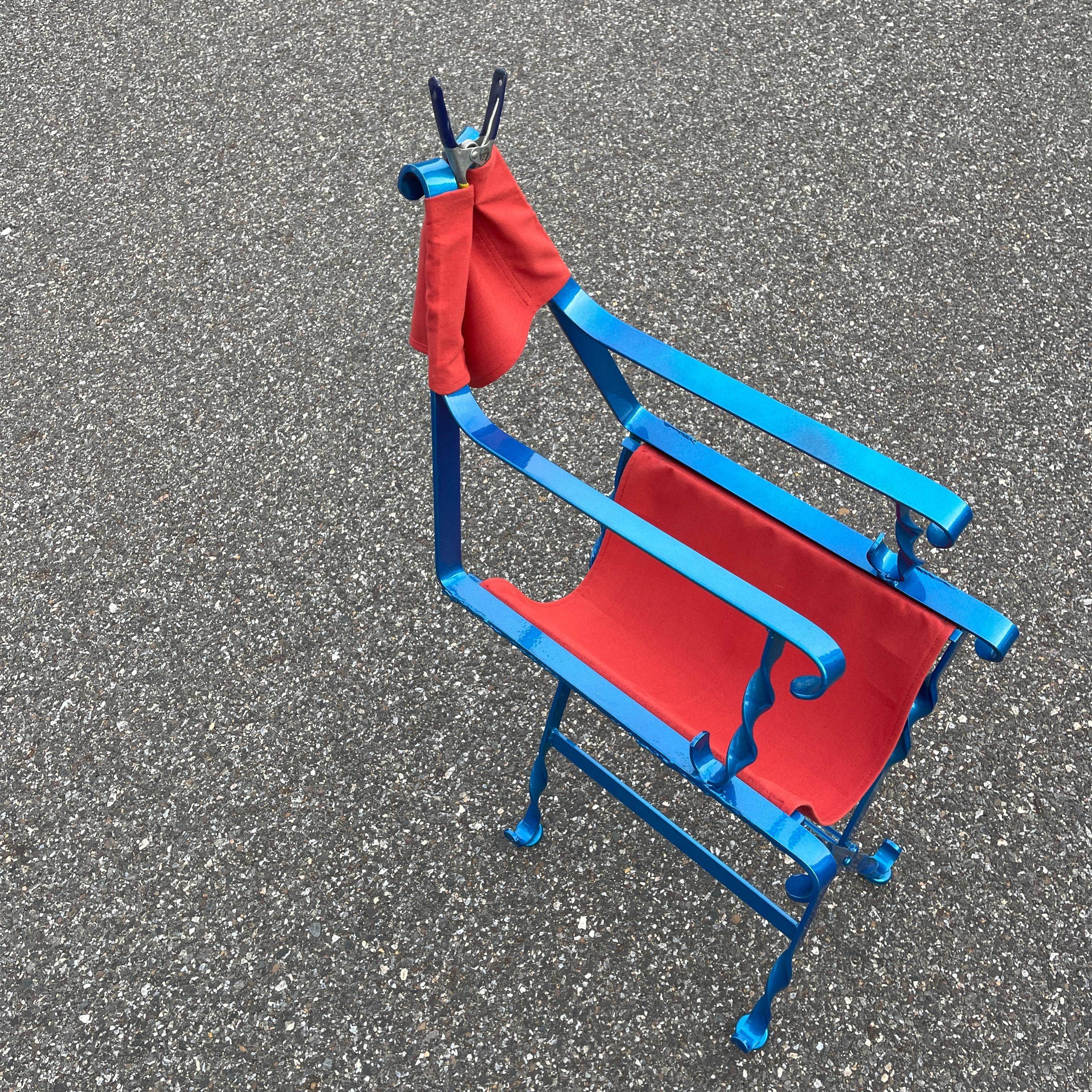 Folding Maui Blue and Red Iron Outdoor Director's Chair, American 1930's For Sale 9