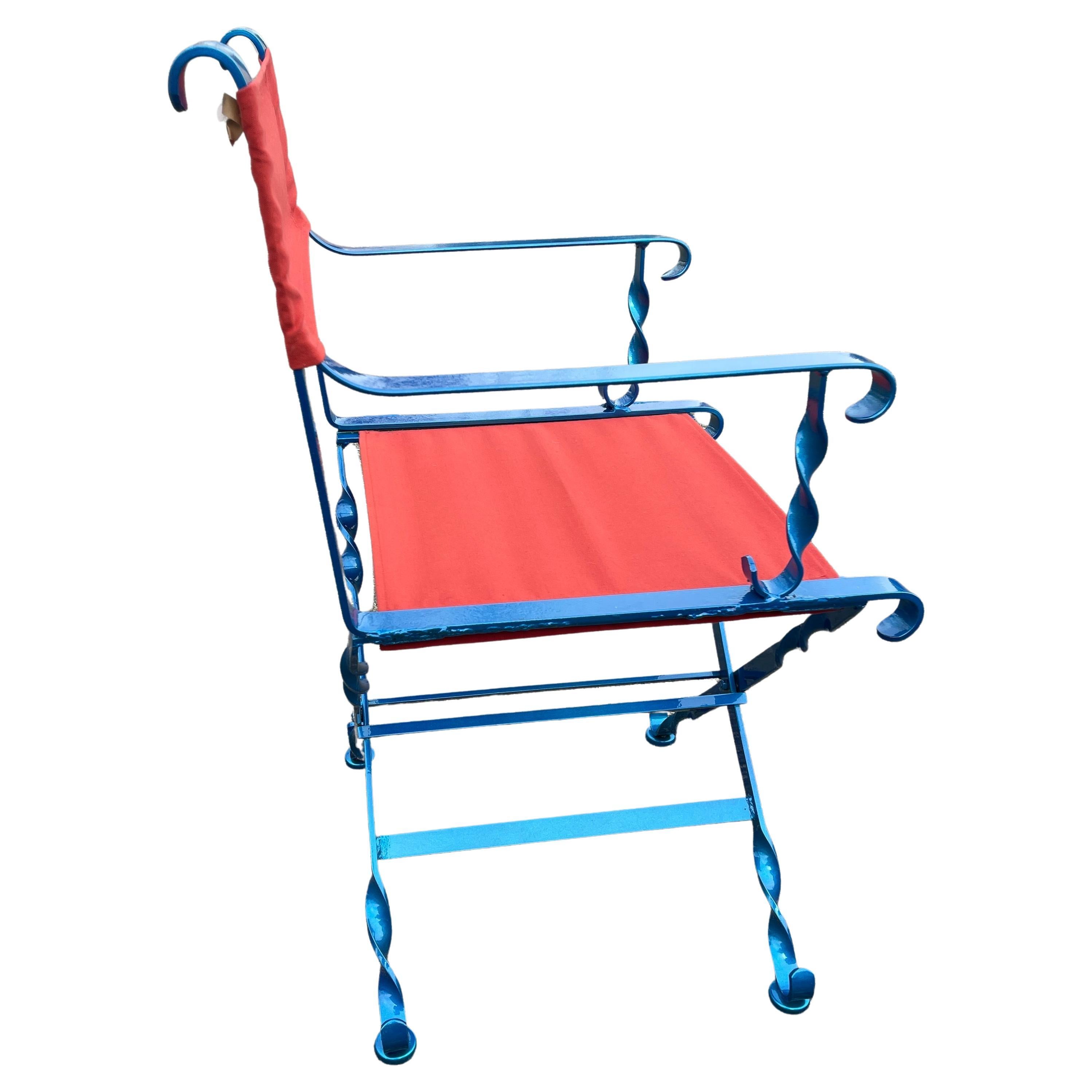 Industrial Folding Maui Blue and Red Iron Outdoor Director's Chair, American 1930's For Sale