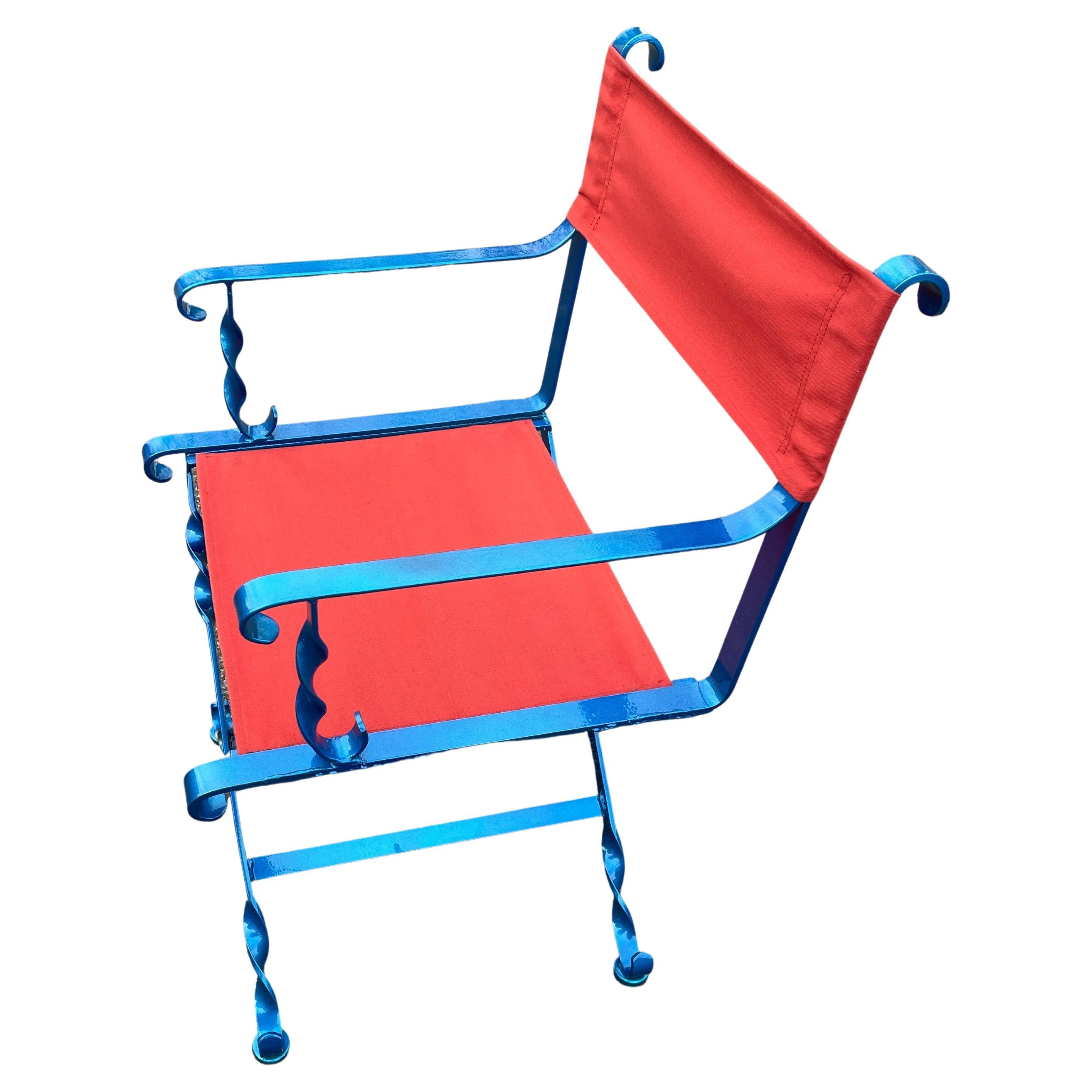 Powder-Coated Folding Maui Blue and Red Iron Outdoor Director's Chair, American 1930's For Sale