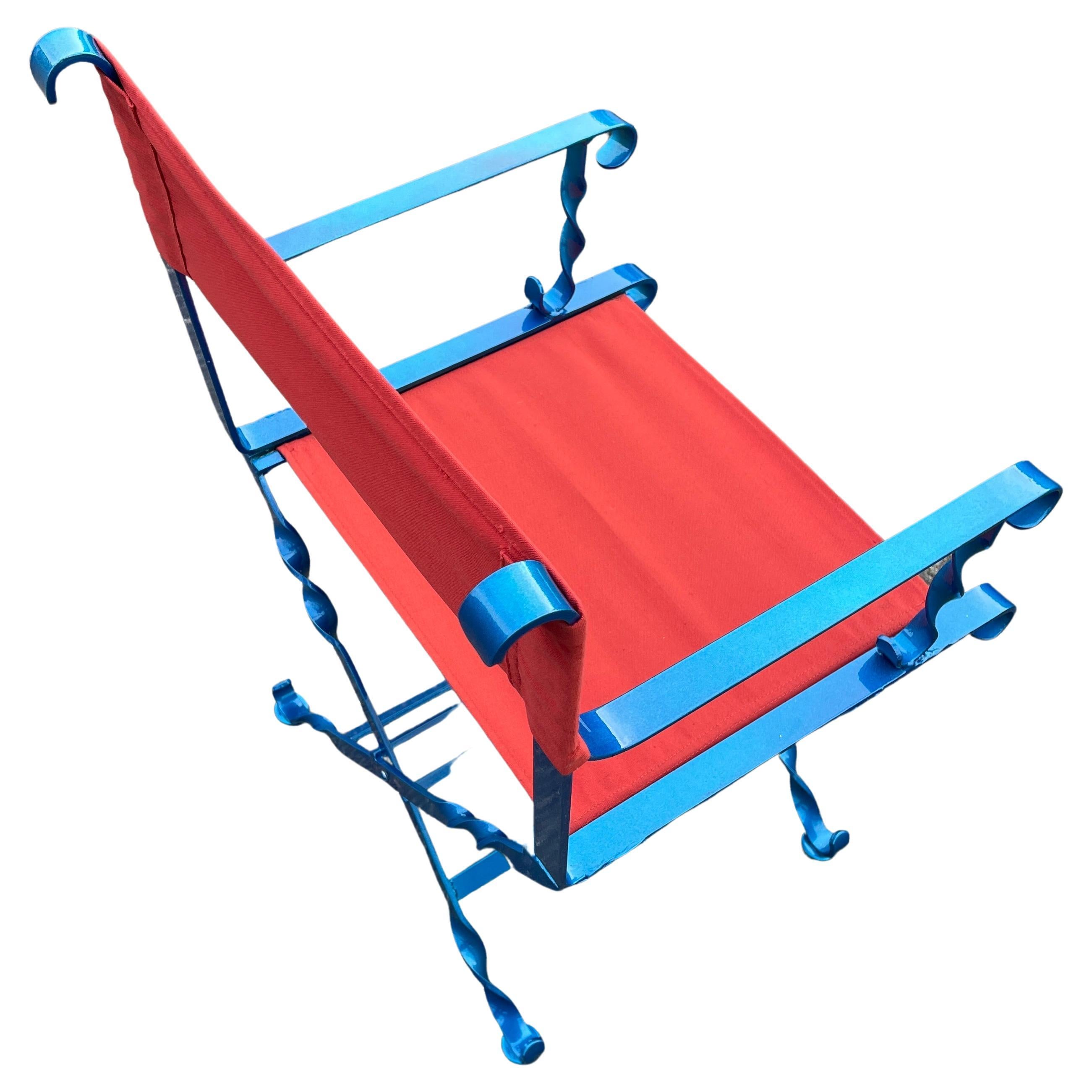 20th Century Folding Maui Blue and Red Iron Outdoor Director's Chair, American 1930's For Sale