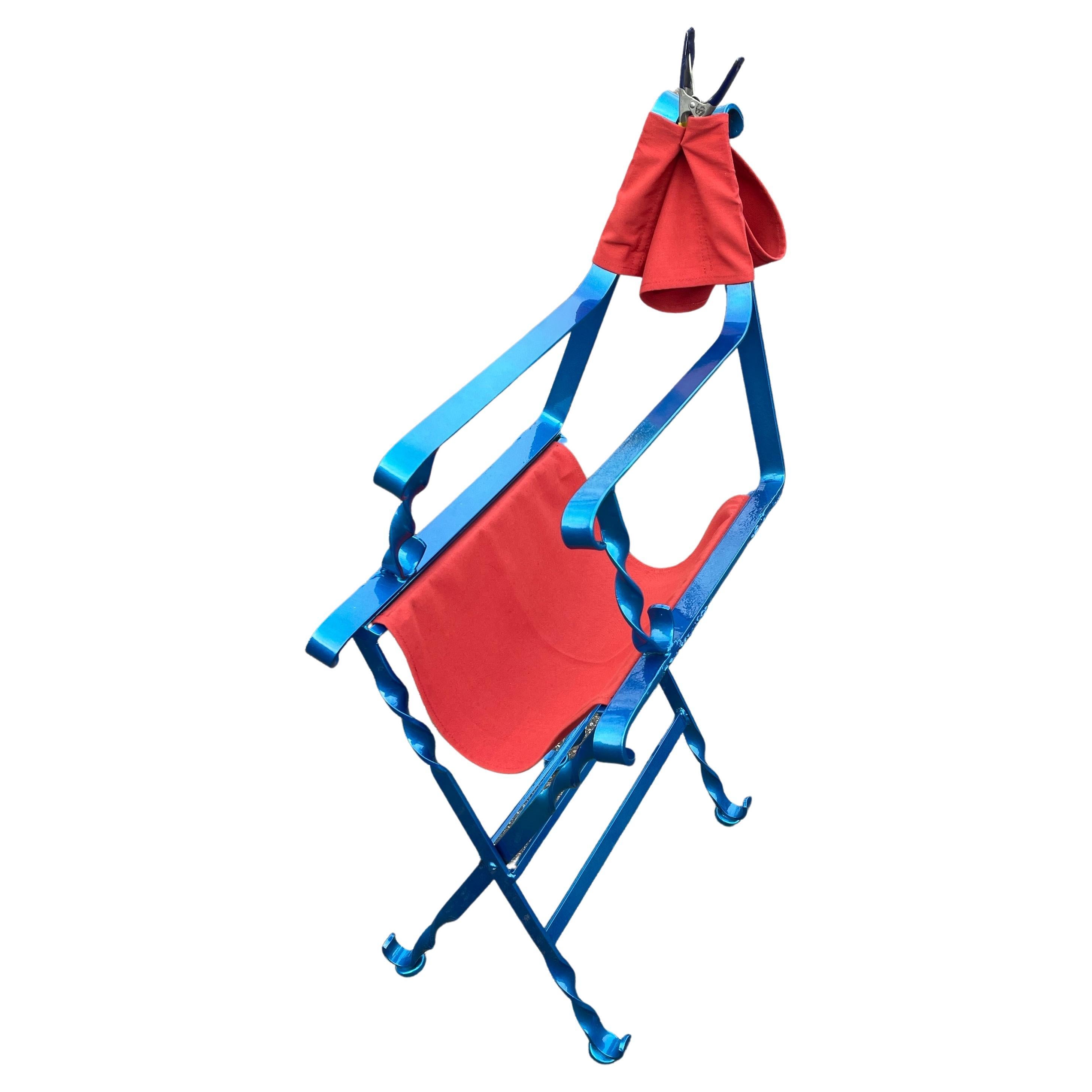 Linen Folding Maui Blue and Red Iron Outdoor Director's Chair, American 1930's For Sale