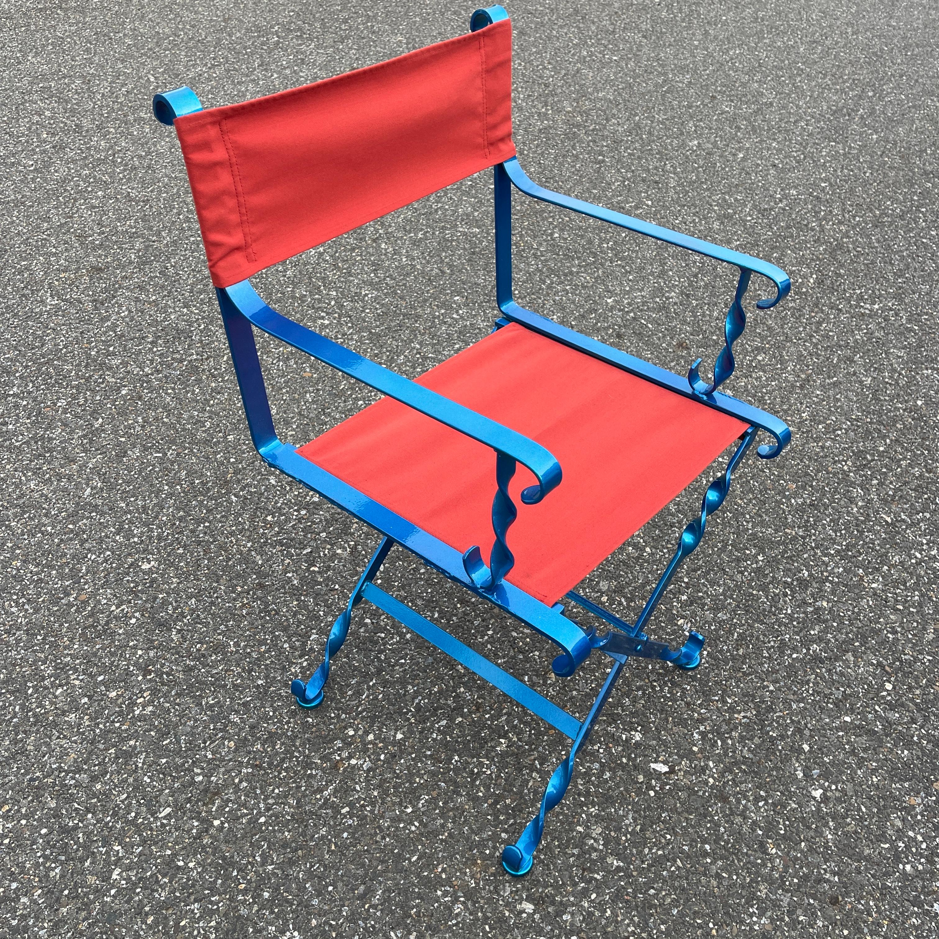 Folding Maui Blue and Red Iron Outdoor Director's Chair, American 1930's For Sale 1