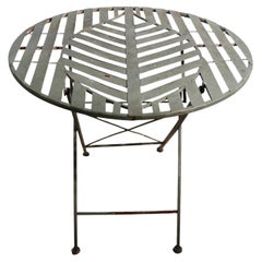 Used Folding Metal Garden Patio Poolside Table with Stylized Leaf Motif Top